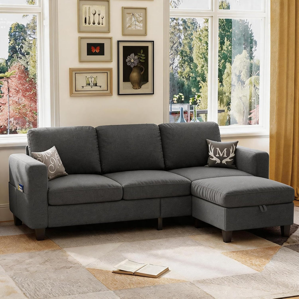 78' Sectional Sofa Couches for Living Room, Dark Grey Convertible L Shaped Couch with Storage Ottoman, Deep Seat Pet-Friendly Linen Fabric Sofa Set for Small Space, Apartment, Dorm