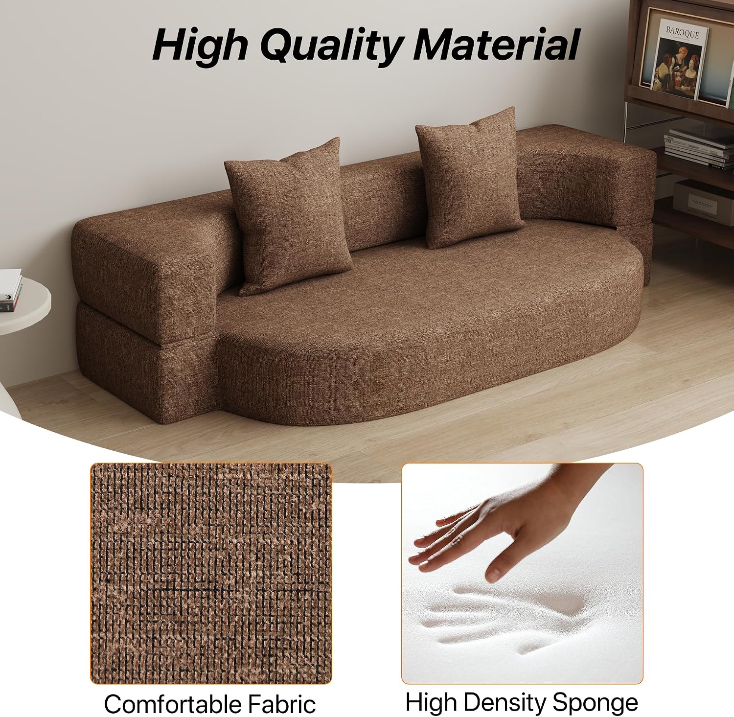HENGJIANYI Folding Sofa Bed, Convertible Futon Sleeper Bed, 2-in-1 Foldable Floor Mattress with 2 Pillows, Breathable High-Density Foam Lazy Couch, Twin Size Comfy Lounge Chair, Brown