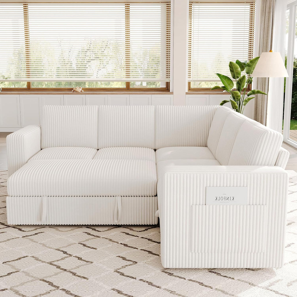 83.5' Sectional Sleeper Sofa with Pull Out Couch, Modern 5 Seat L Shaped Modular Couch, Sectionals Modular Sofa with Storage, Comfy Corduroy Couches Sectional for Living Room & Apartment, Beige