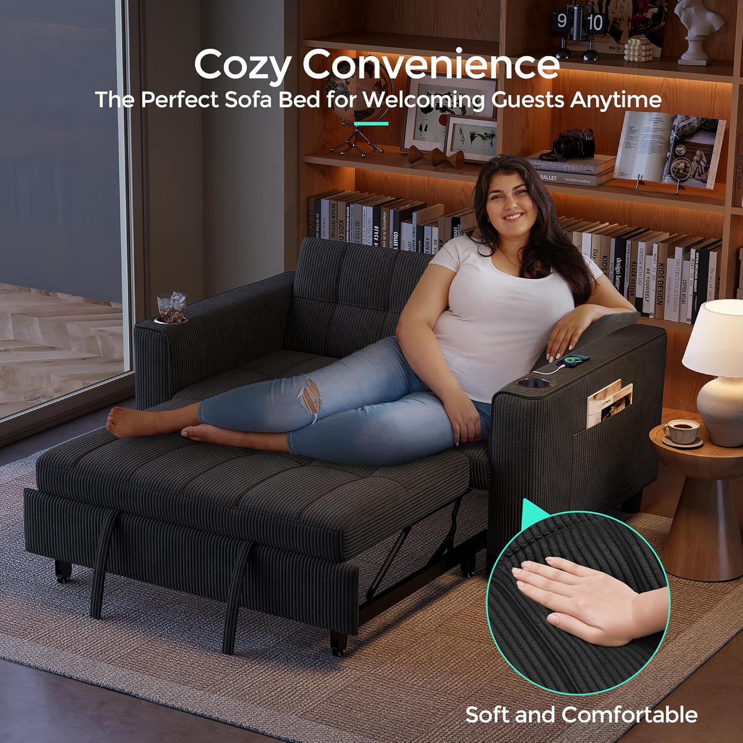 LINSY Sleeper Sofa Bed, 54' Pull Out Couch with Charging Station & Cup Holder, Small 3 in 1 Convertible Loveseat Sleeper Couch for Apartment, Dorm Room, Bedroom and Small Space, Corduroy Black