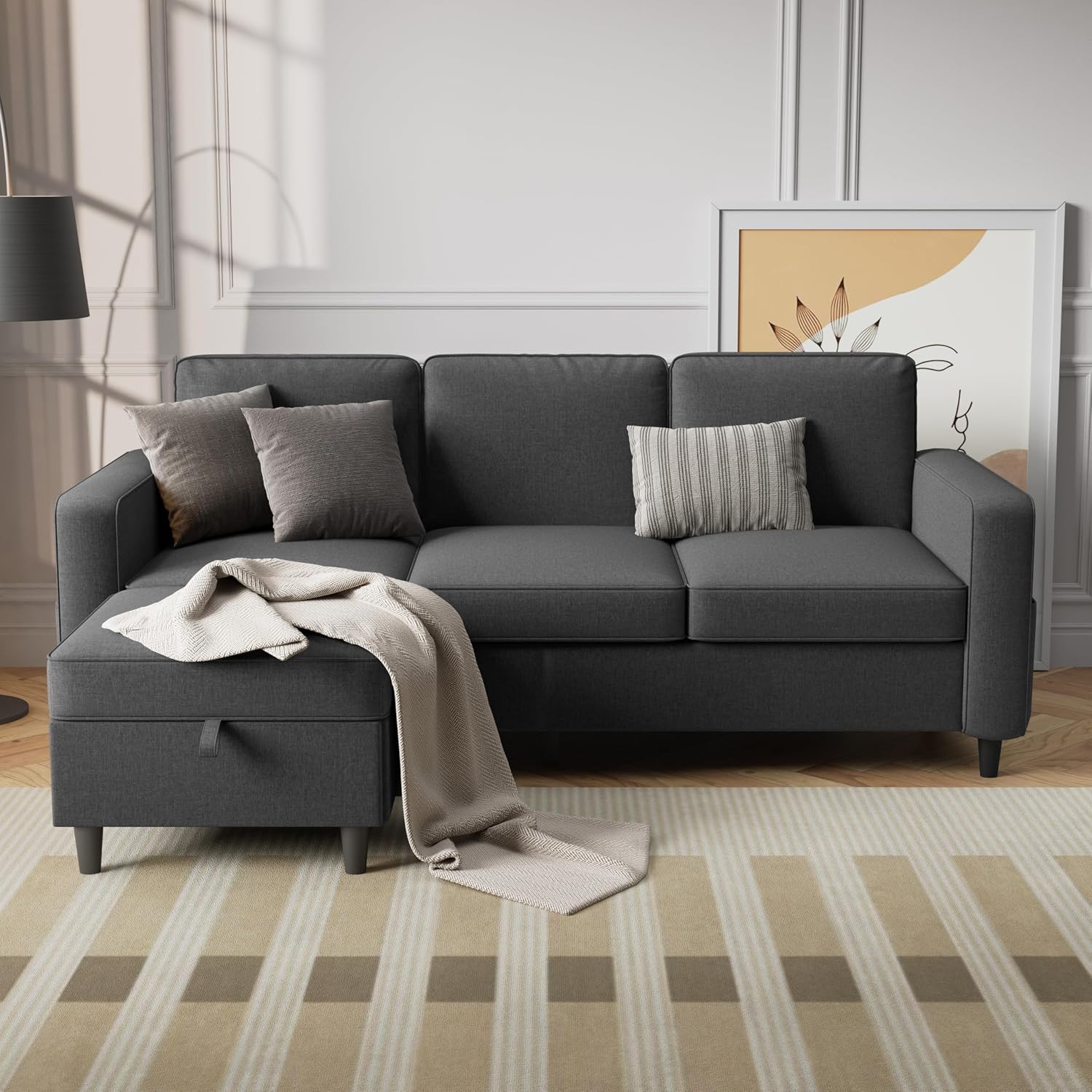 Sectional Sofa Couches for Living Room, 78'' Dark Grey 3 Seater L-Shaped Couch with Storage Ottoman, Comfy Fabric Convertible Sectionals Sofas with Chaise for Apartment, Office, Small Space