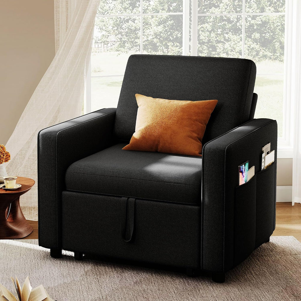DWVO Convertible Sleeper Chair, 3-in-1 Sofa Bed with Reclining Backrest, 75' Single Sleeper Couch with Pull-Out Bed and Wide Armrest, Linen Futon Sofa for Dorm Apartment, Black