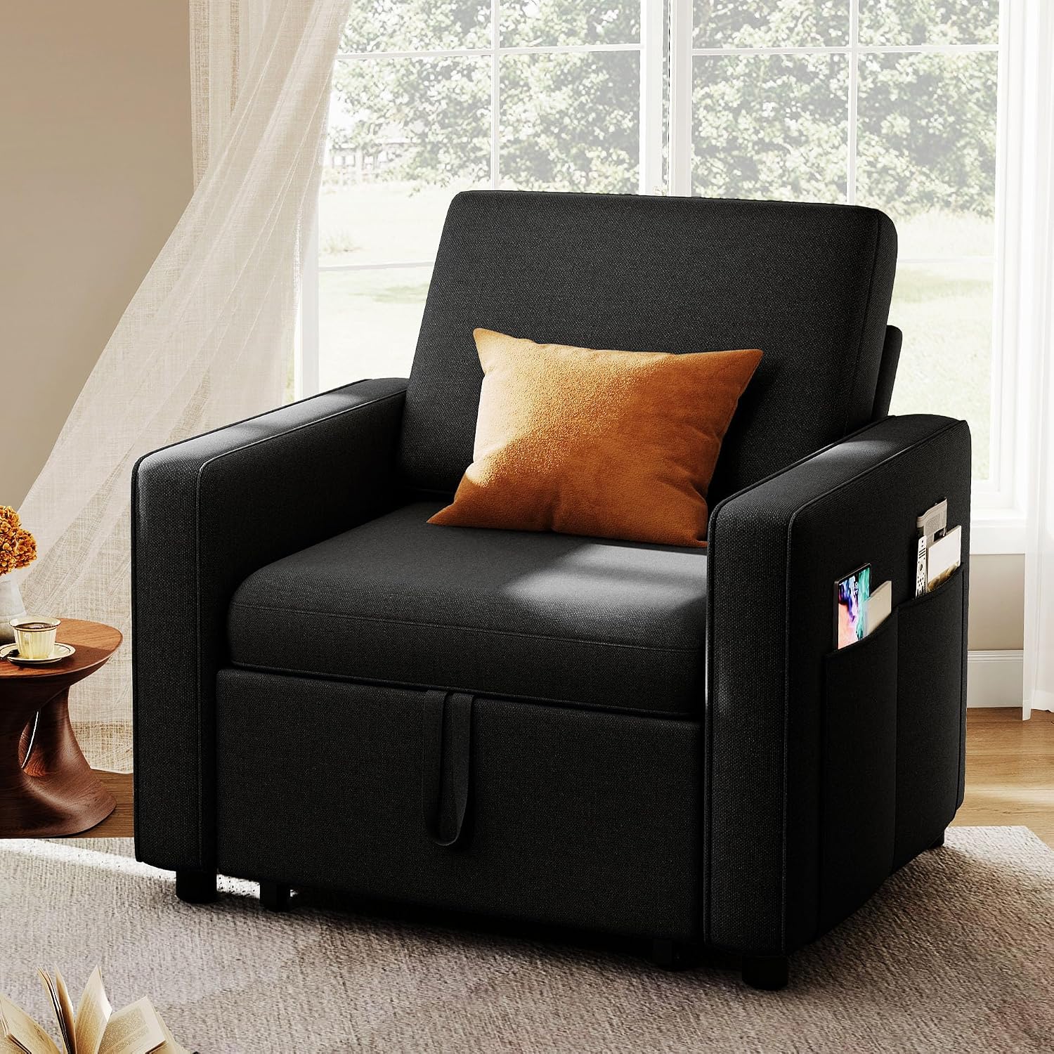 DWVO Convertible Sleeper Chair, 3-in-1 Sofa Bed with Reclining Backrest, 75' Single Sleeper Couch with Pull-Out Bed and Wide Armrest, Linen Futon Sofa for Dorm Apartment, Black