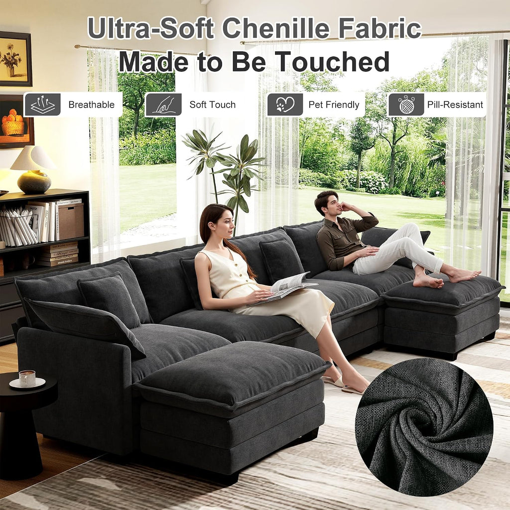 146' Cloud Couch Sectional, U Shaped Modular Sectional Sofa, 4-Seat Deep Seat Couch with 6 Removable Washable Pillows and 2 Ottoman for Living Room, Bedroom, Apartment, Black