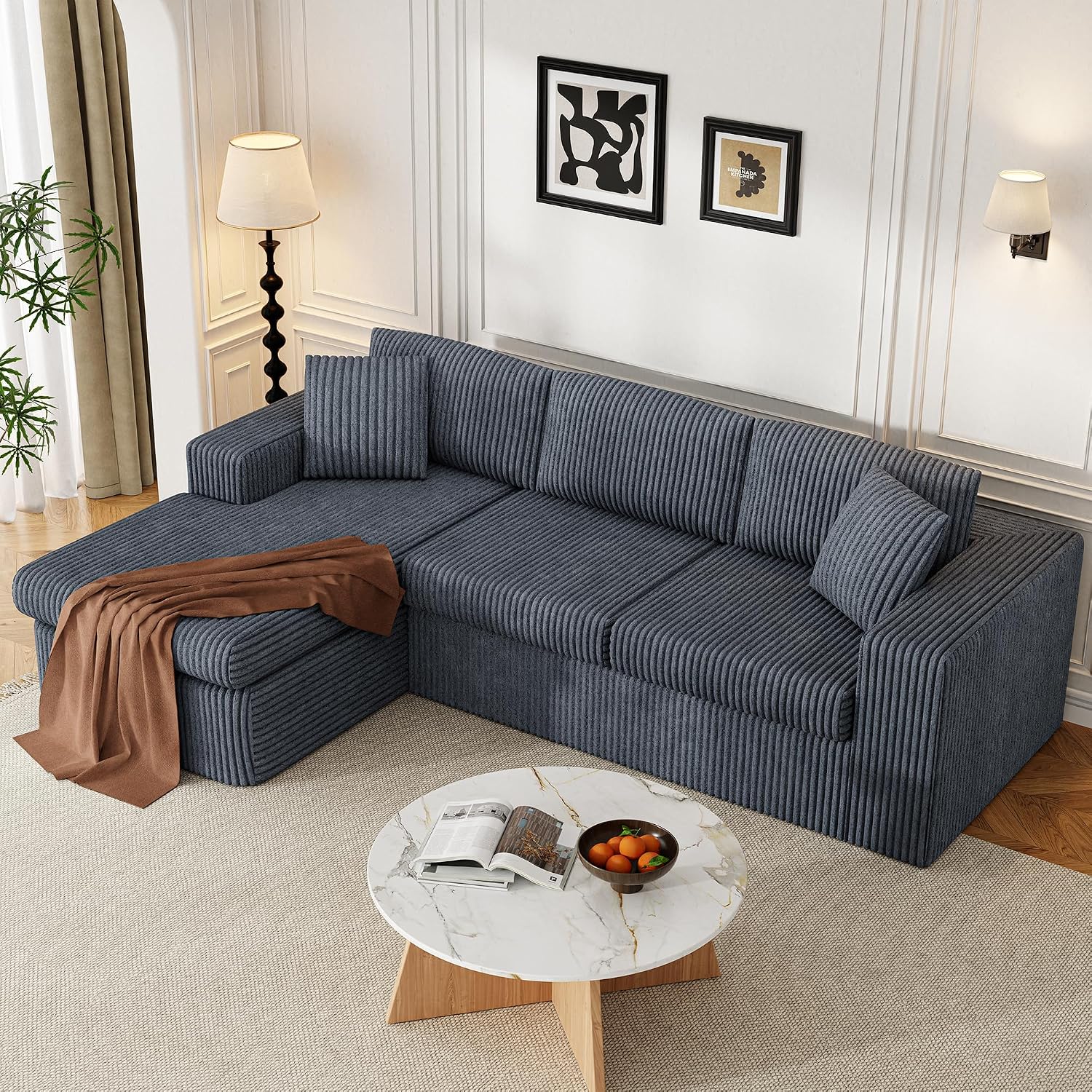 JAMFLY 105' Boneless Couches for Living Room Modular Sectional Sofa L-Shape Couch with Oversized Chaise, Cloud Couch Deep Seat Memory Foam Upholstered for Bedroom, Plush Corduroy Fabric, Drak Grey