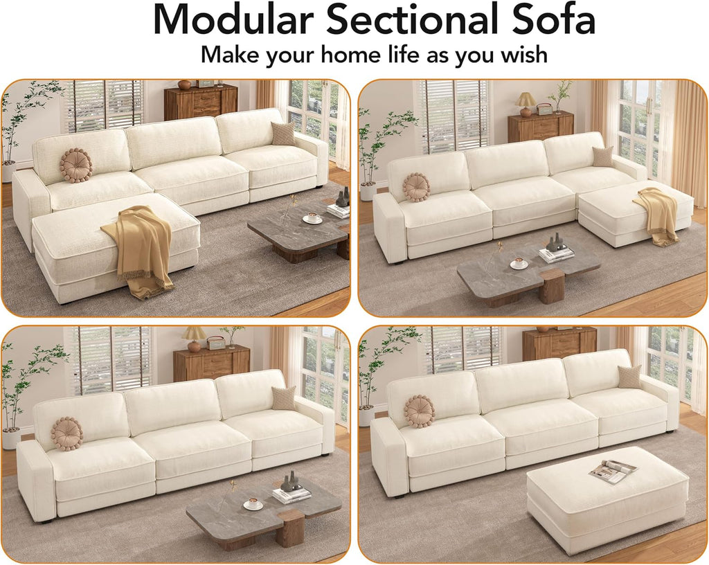Vipbear 120' Oversized Modular Sectional Sofa, L Shaped Couch Set with 2 Pillows, 4 Seat Comfy Cloud Couches with Movable Ottoman for Living Room, Bedroom and Apartment, Chenille Beige