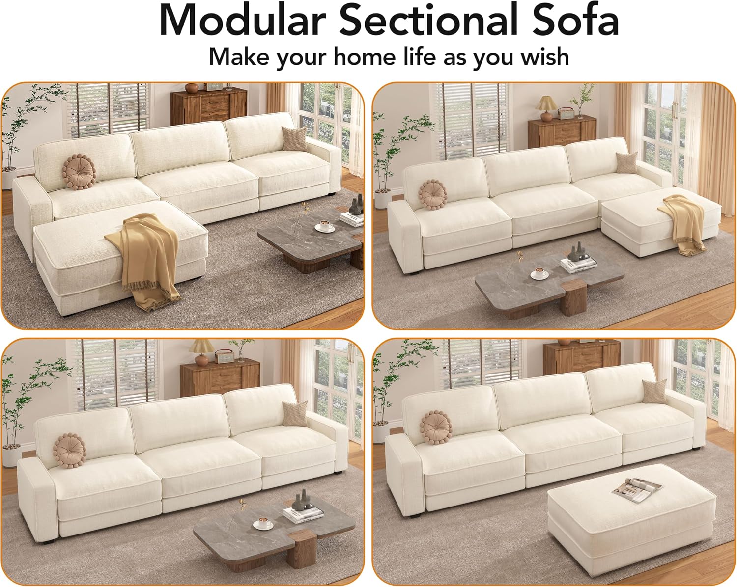 Vipbear 120' Oversized Modular Sectional Sofa, L Shaped Couch Set with 2 Pillows, 4 Seat Comfy Cloud Couches with Movable Ottoman for Living Room, Bedroom and Apartment, Chenille Beige