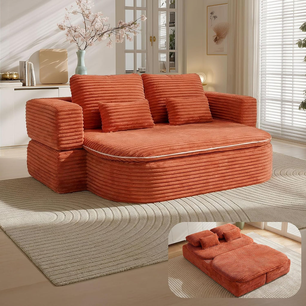 75'' Folding Sleeper Sofa Bed, Convertible Memory Foam Boneless Couch, Foldable Full Size Guest Bed, Modern 2-in-1 Futon Floor Sleeper Sofa with 4 Pillows and Blanket (Corduroy, Orange)