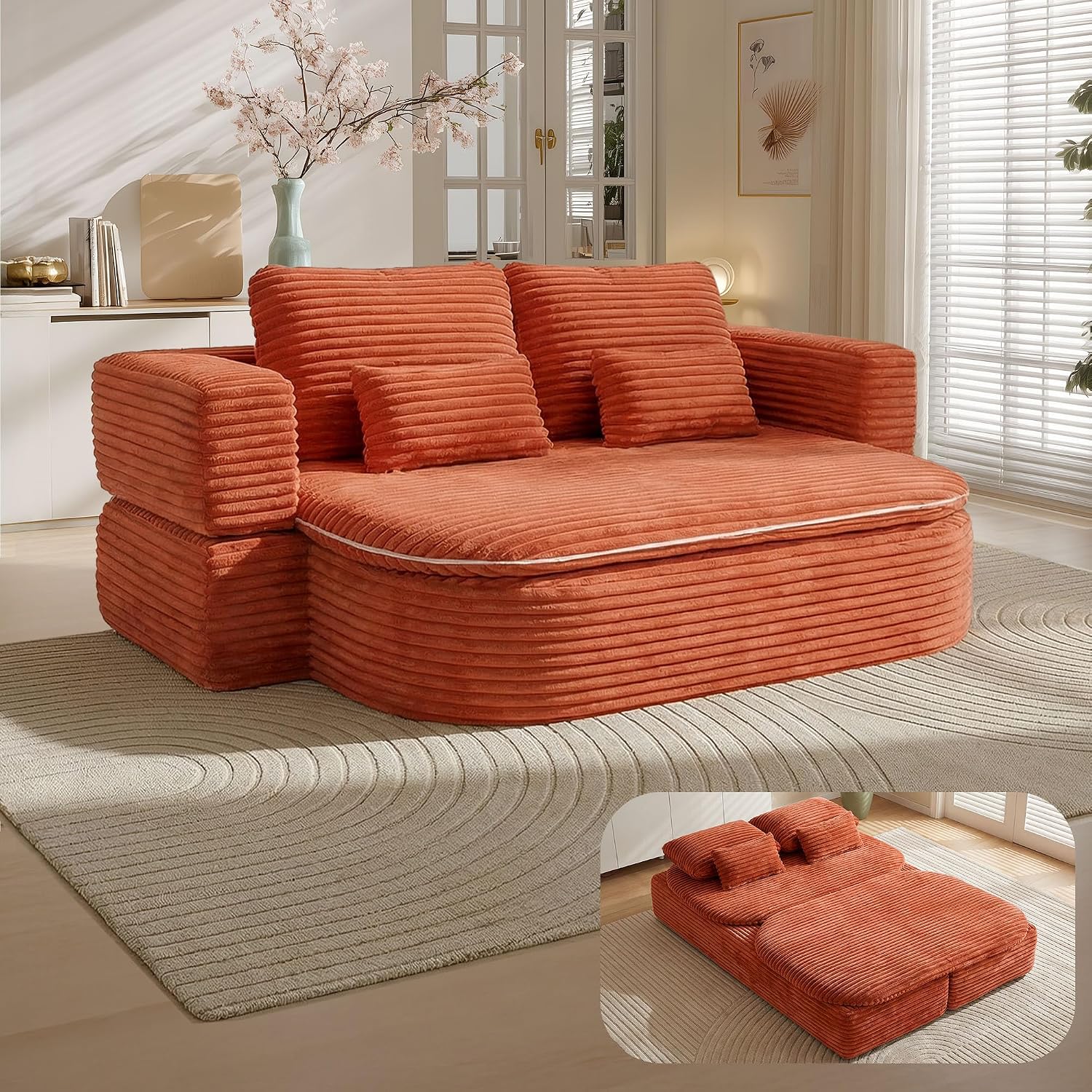 75'' Folding Sleeper Sofa Bed, Convertible Memory Foam Boneless Couch, Foldable Full Size Guest Bed, Modern 2-in-1 Futon Floor Sleeper Sofa with 4 Pillows and Blanket (Corduroy, Orange)