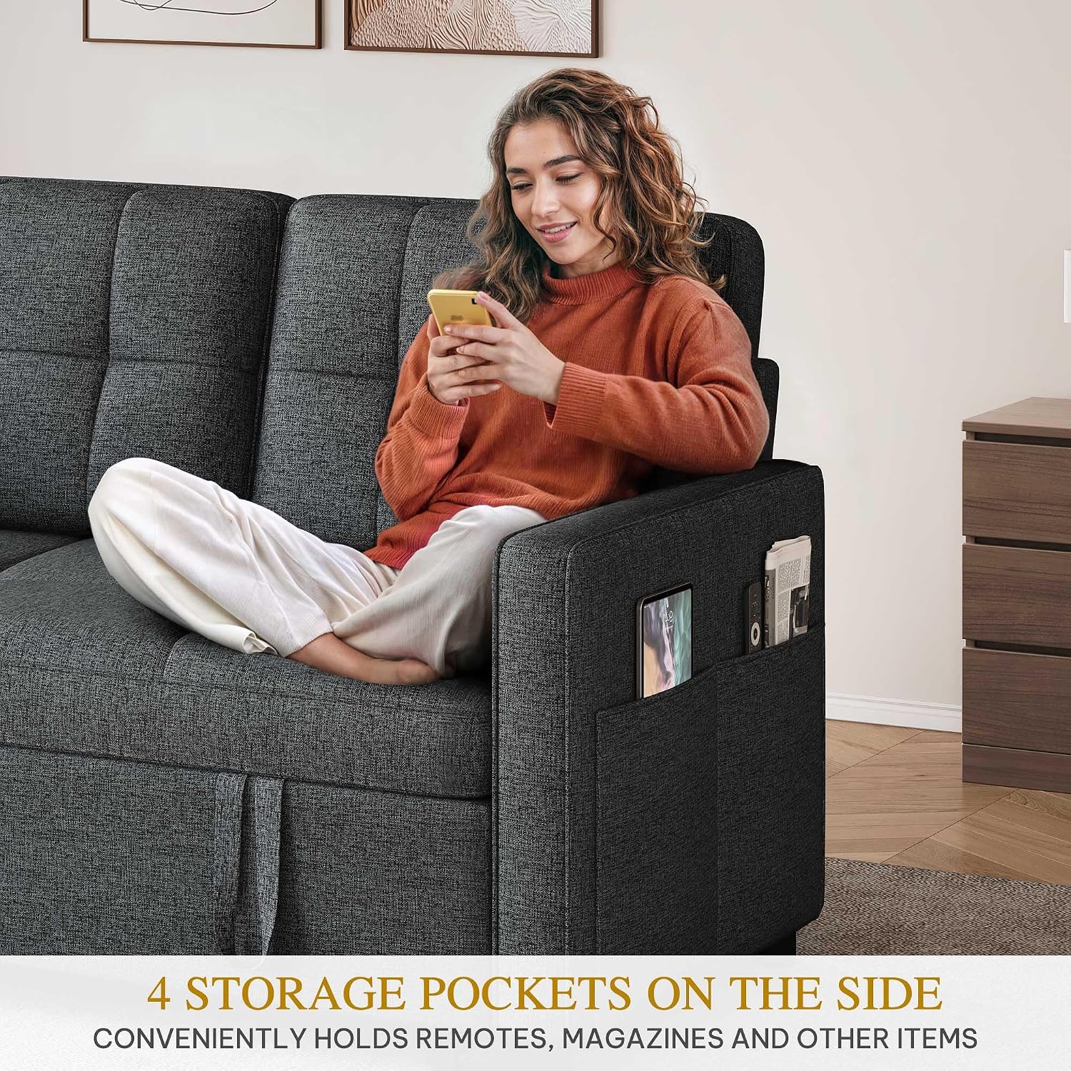 DWVO 55' Convertible Sofa Bed, 3-in-1 Sleeper Sofa with Pull-Out Bed, Linen Futon Couch with Adjustable Backrest and Side Pocket, Modern Loveseat for Living Room Apartment, Grey