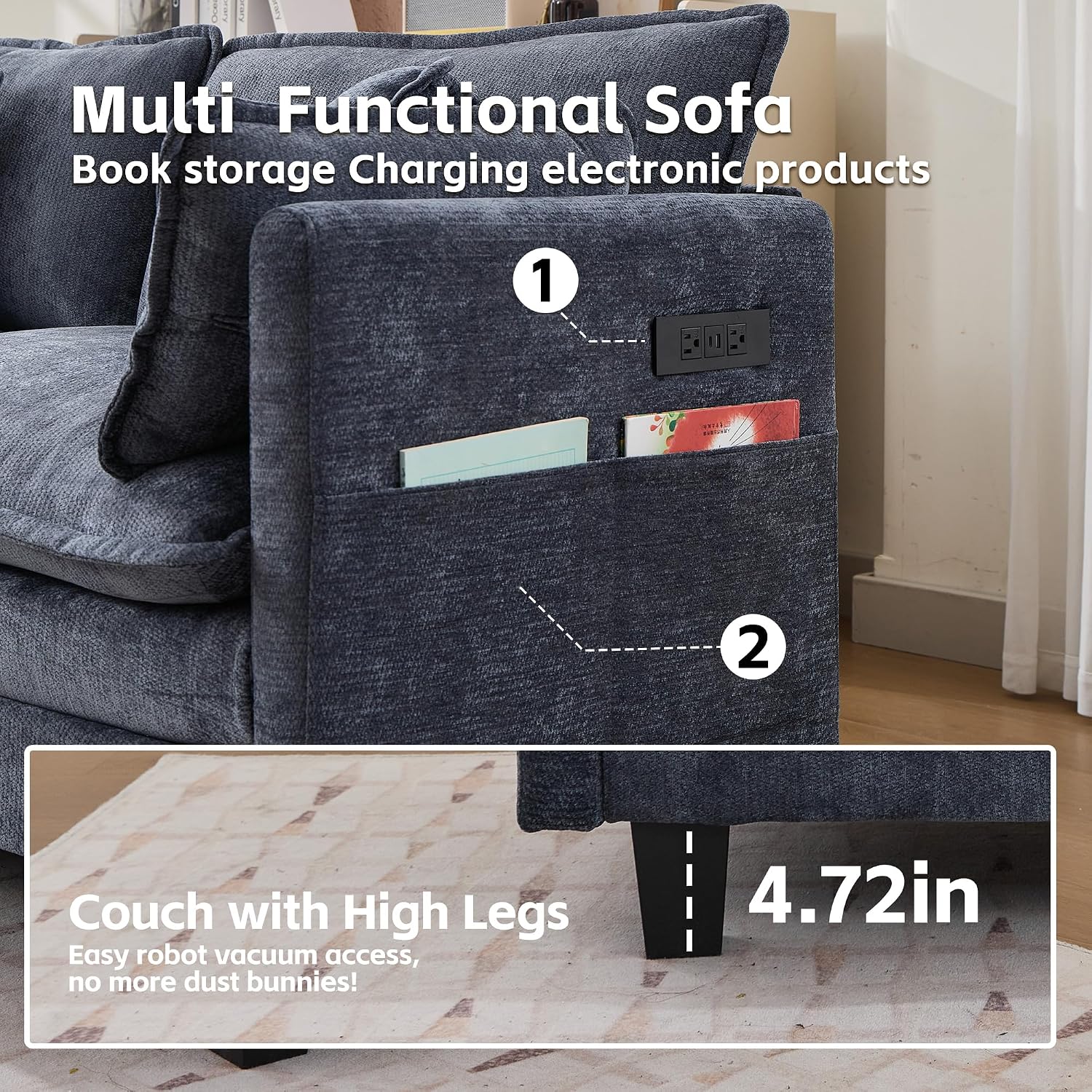 Modular Sectional Sofa, 75' Loveseat Modern Couches for Living Room, Comfy Cloud Couch with Deep Seat for Office and Apartment, with Charger, USB & Type-c Port, Blue Chenille Fabric