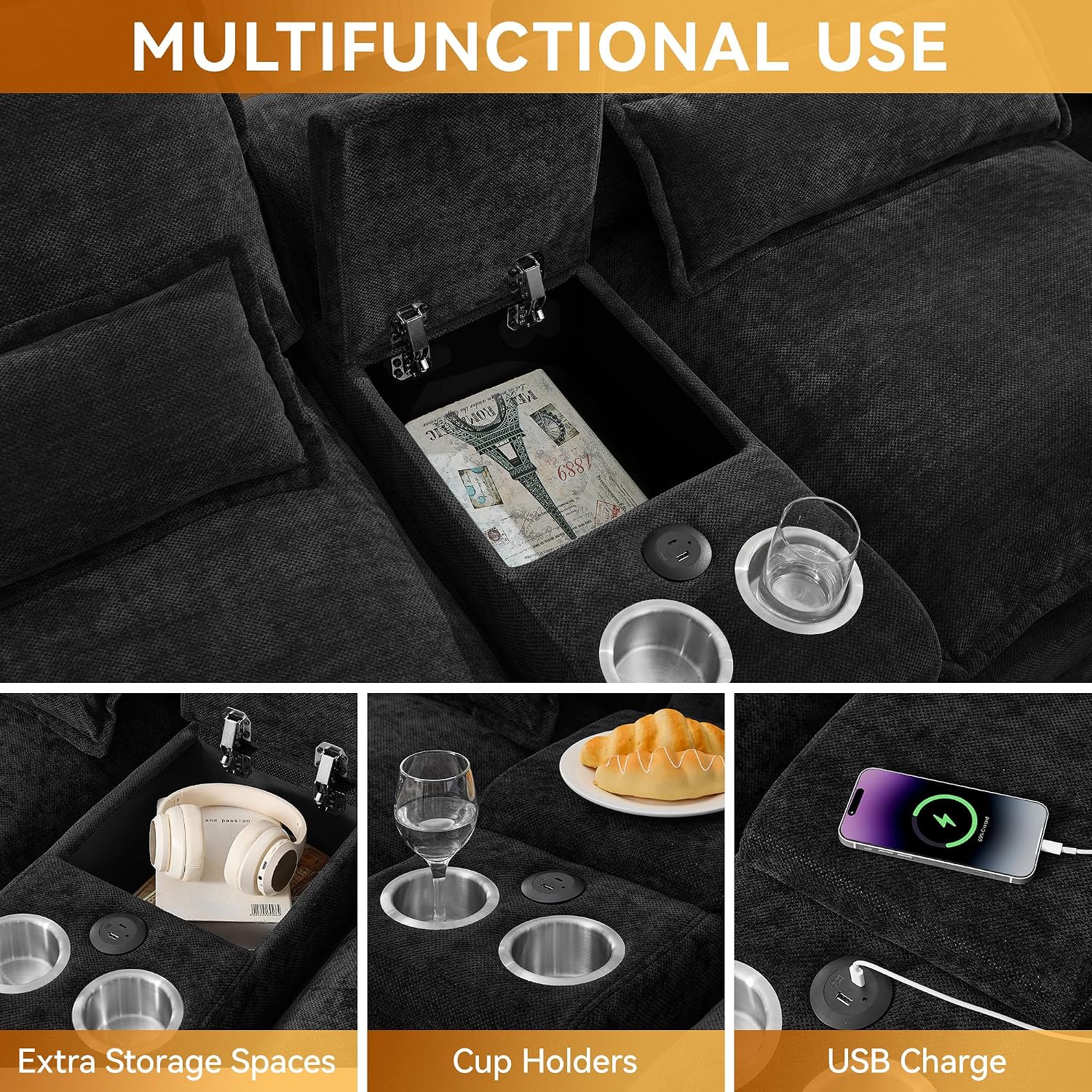 125'' U Shaped Cloud Modular Sofa with Chaise Lounges, Chenille Upholstered Comfy Sectional Couch with Storage Console, USB Charging Ports & Cup Holders, Small Deep Seat Sofa for Living Room, Black