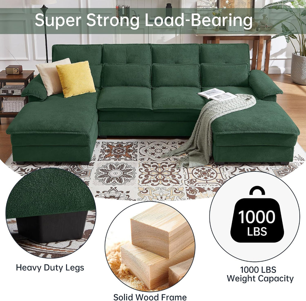 110' Comfy Cloud Couch Sectional Sofa with Lumbar Pillows, Modern U-Shaped Cloud Sofa with Double Chaise & Deep Seat for Living Room, or Office, Easy Assembly, Dark Green