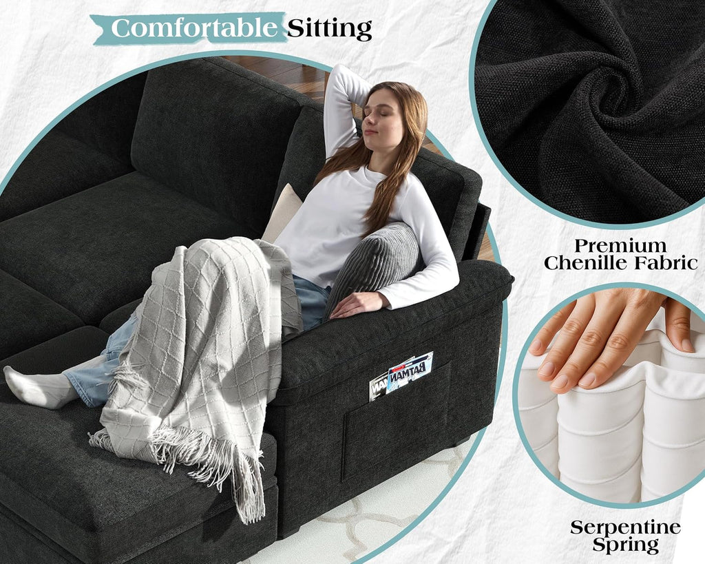 Jocisland 105' Sofa Bed, Sectional Sleeper Sofa with Pull Out Bed/Reclining Backrest, Sleeper Couch Bed with Storage, 6 Seater Couch Bed for Living Room, Chenille Black