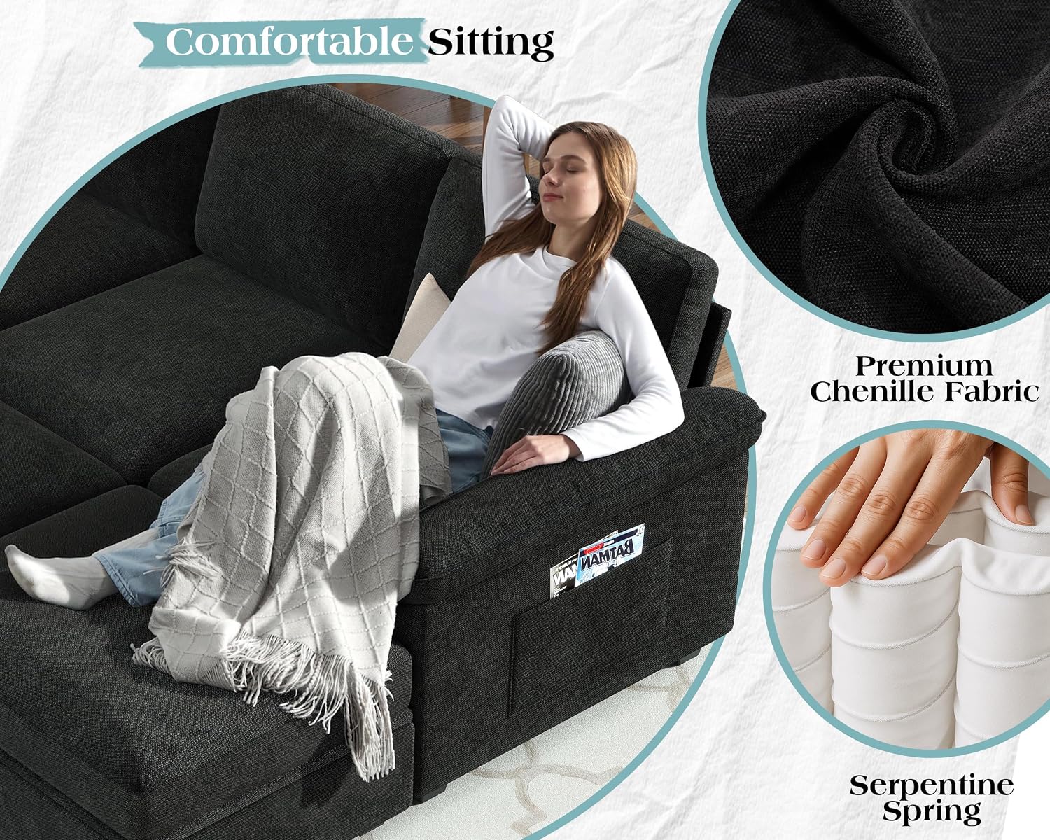 Jocisland 105' Sofa Bed, Sectional Sleeper Sofa with Pull Out Bed/Reclining Backrest, Sleeper Couch Bed with Storage, 6 Seater Couch Bed for Living Room, Chenille Black