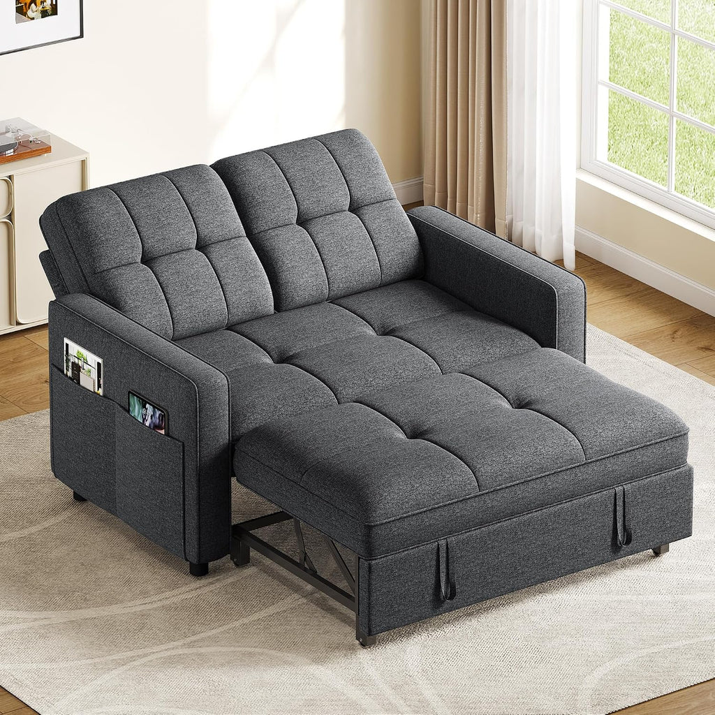 YITAHOME 55' Convertible Sofa Bed, 3-in-1 Pullout Sofa, Linen Sleeper Sofa with Reclining Backrest and Side Pocket, Modern Futon Couch for Living Room Bedroom Apartment, Grey