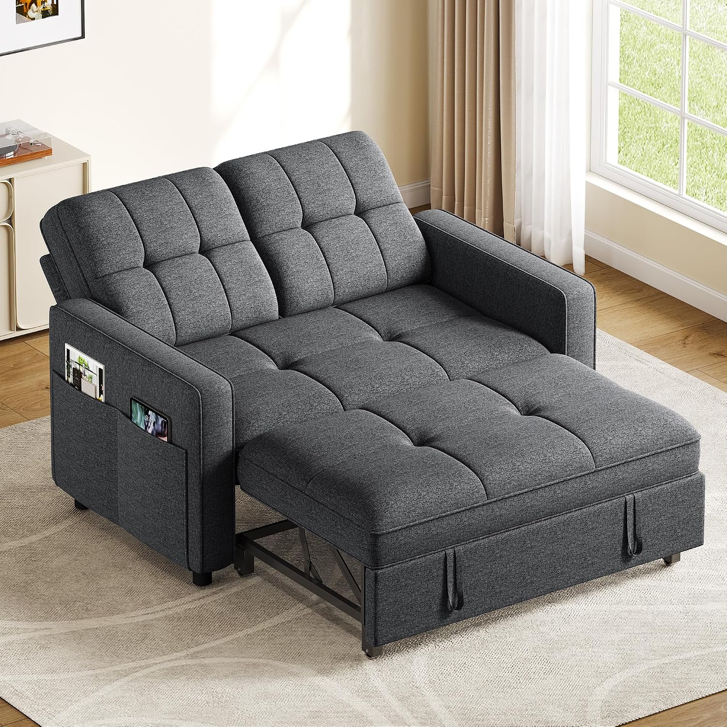 YITAHOME 55' Convertible Sofa Bed, 3-in-1 Pullout Sofa, Linen Sleeper Sofa with Reclining Backrest and Side Pocket, Modern Futon Couch for Living Room Bedroom Apartment, Grey
