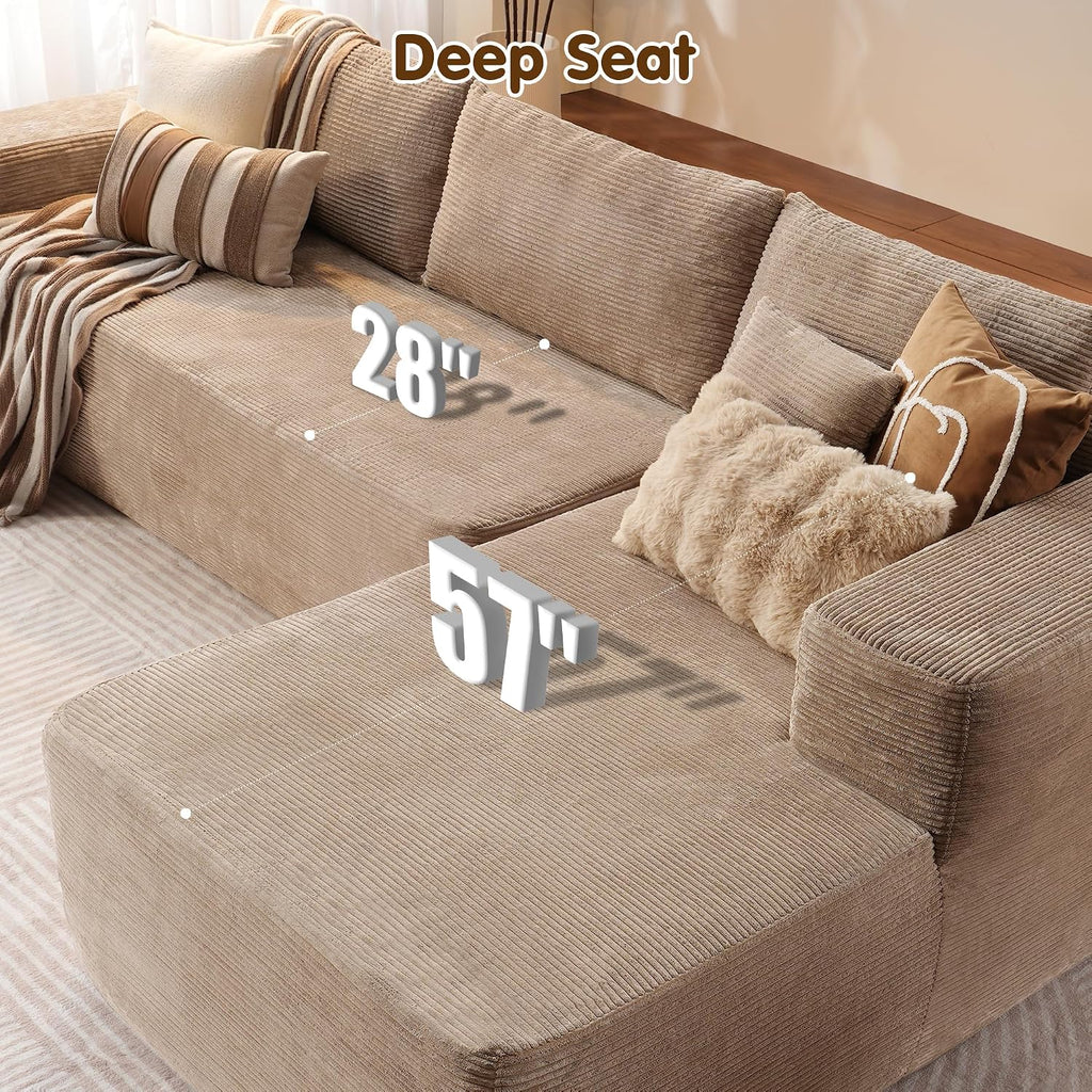 ovios 104' Cloud Boneless Couch with L-Shape Chaise,Modern Sectional Modular Sofa with Deep Seat, Upholstered Couches for Living Room Bedroom,No Assembly Required, Camel (Corduroy Fabric)