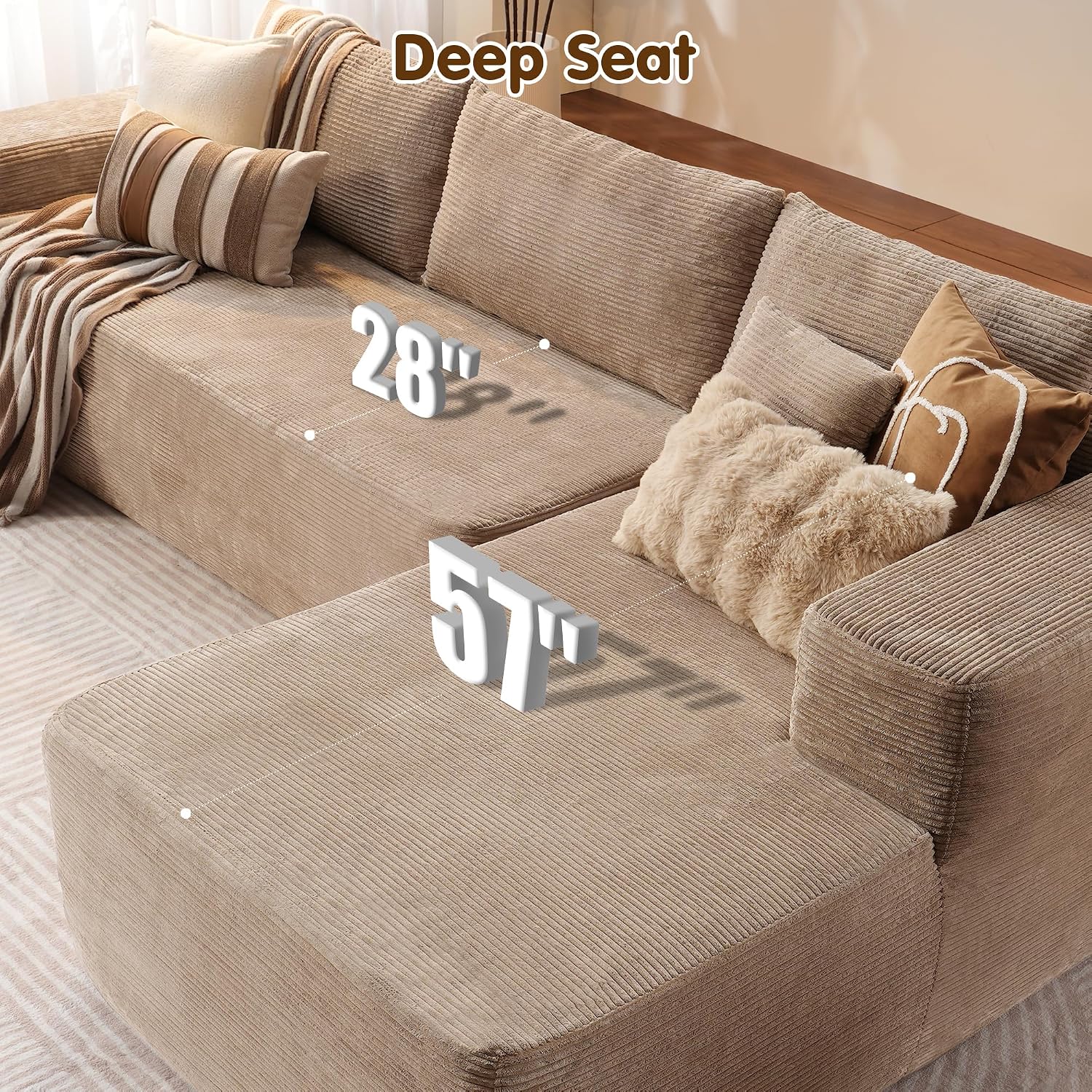 ovios 104' Cloud Boneless Couch with L-Shape Chaise,Modern Sectional Modular Sofa with Deep Seat, Upholstered Couches for Living Room Bedroom,No Assembly Required, Camel (Corduroy Fabric)