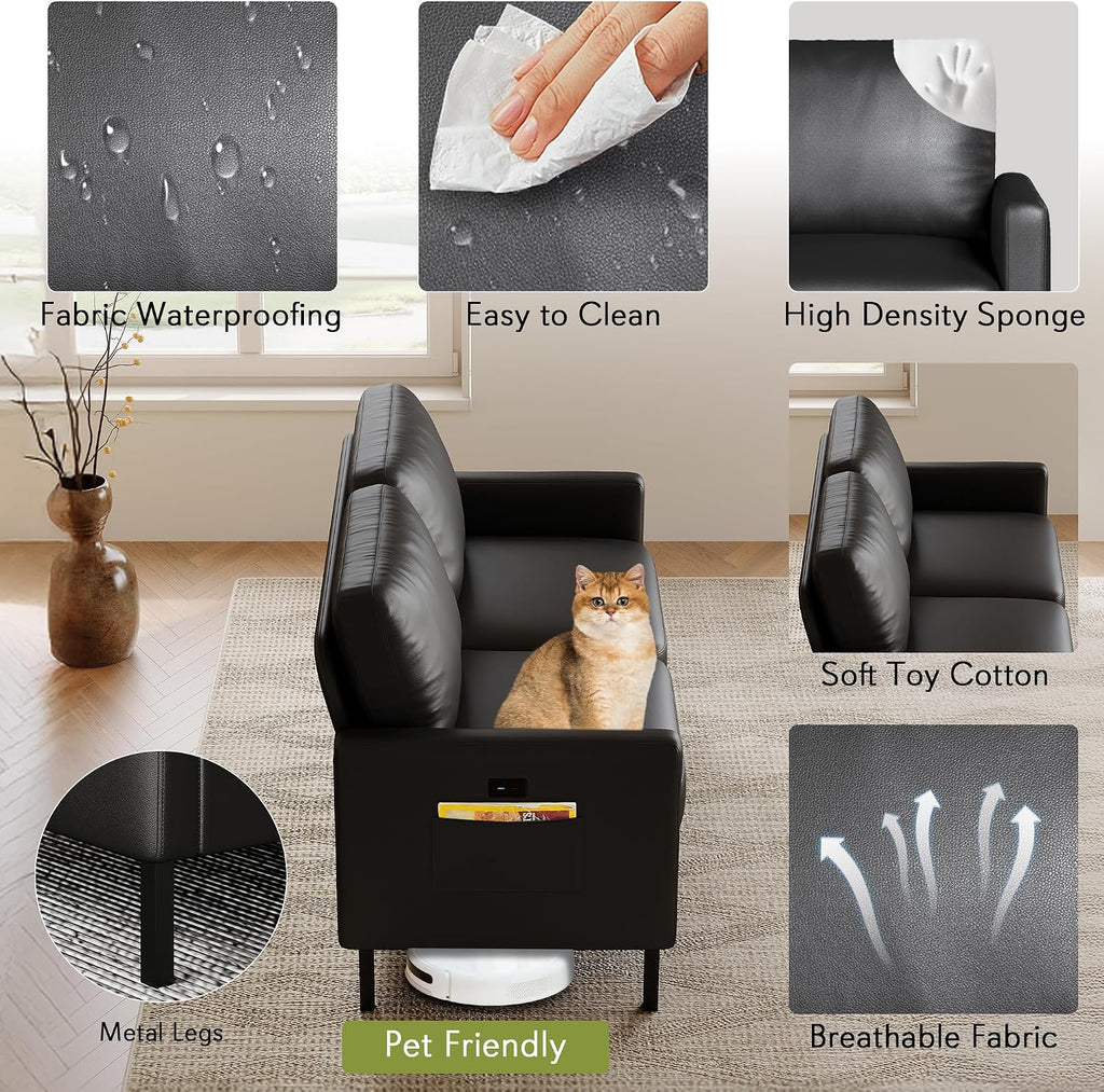 STHOUYN 56' W Faux Leather Loveseat w/ 2 USB, Black Love Seat w/Side Pockets, Small Loveseat for Small Space, Leather Couch for Bedroom, Apartment, Dorm, Black