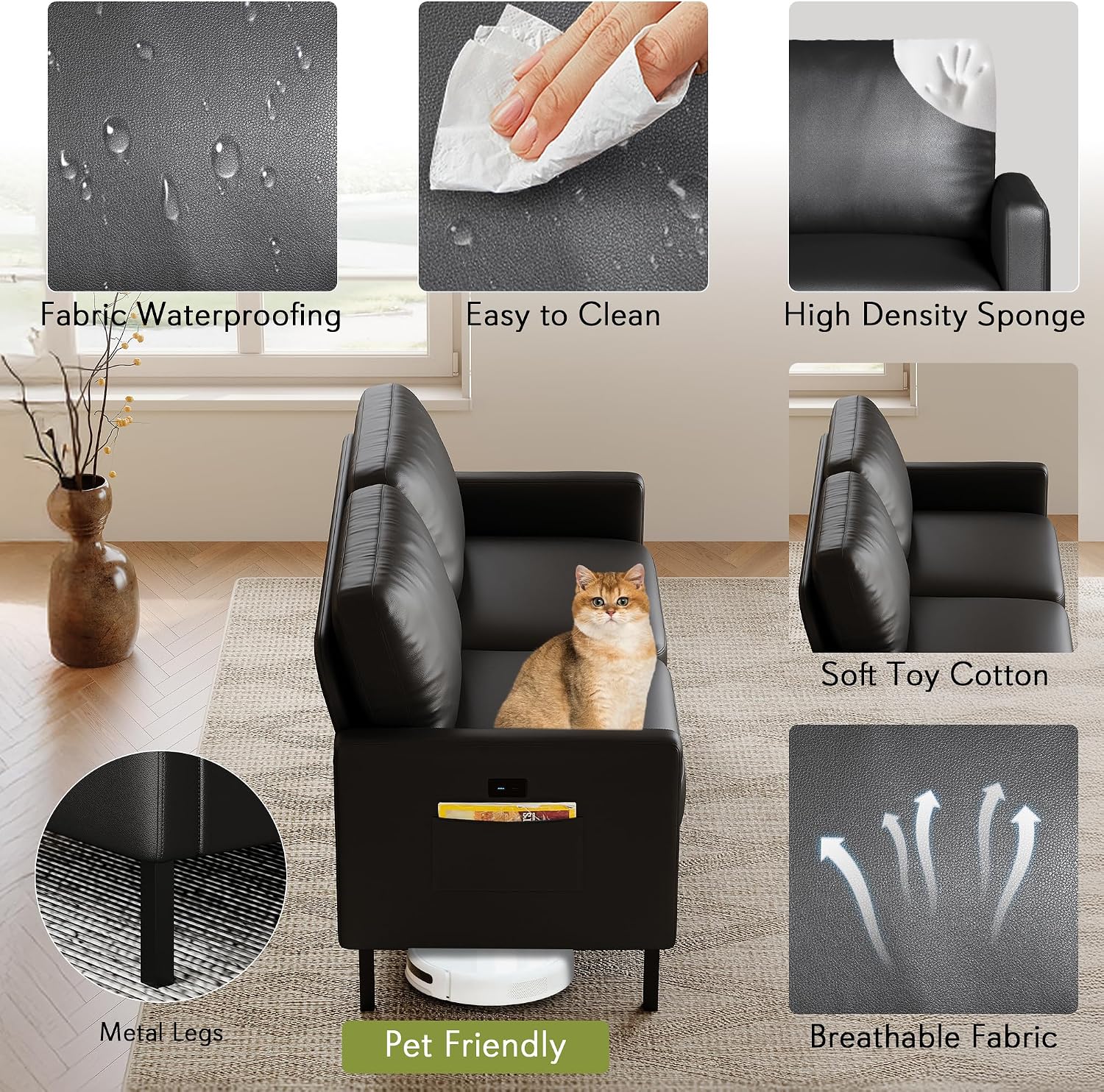 STHOUYN 56' W Faux Leather Loveseat w/ 2 USB, Black Love Seat w/Side Pockets, Small Loveseat for Small Space, Leather Couch for Bedroom, Apartment, Dorm, Black