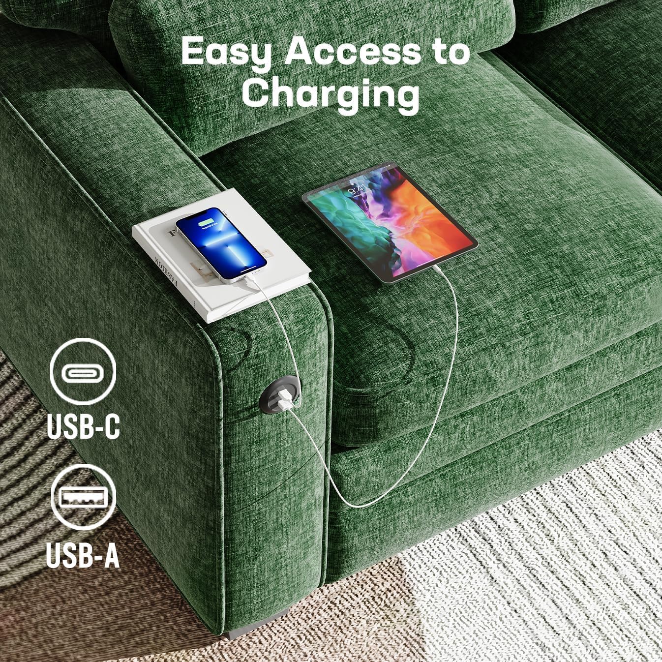 Marsail Pull Out Sofa Bed, Full Size Sleeper Sofa with Memory Foam Mattress, 2 USB Charging Ports & Removable Covers, Chenille Loveseat Couch for Living Room, Apartment, Green