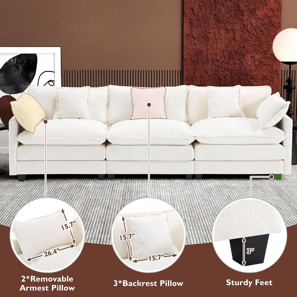Ihanherry 111.4 Inch 3-Seater Cloud Sofa, Modular Sectional Couch, Modern Deep Seat Sofa for Living Room, Comfy Double Layer Upholstered Seat Cushion, Breathable Chenille Fabric, Beige