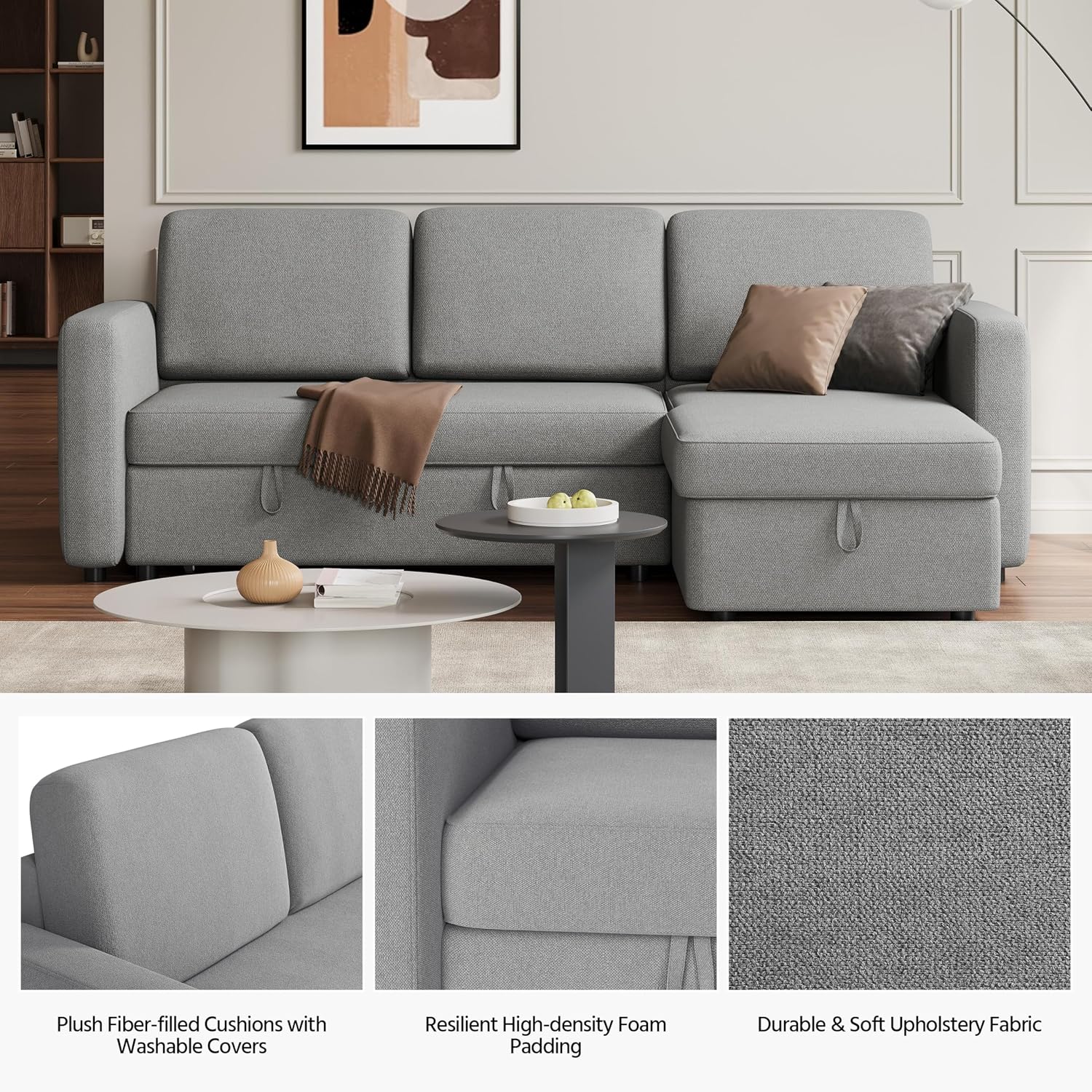 Yaheetech Sectional Sofa L-Shaped Sofa Couch Bed w/Chaise & USB, Reversible Couch Sleeper w/Pull Out Bed & Storage Space Living Room Light Gray