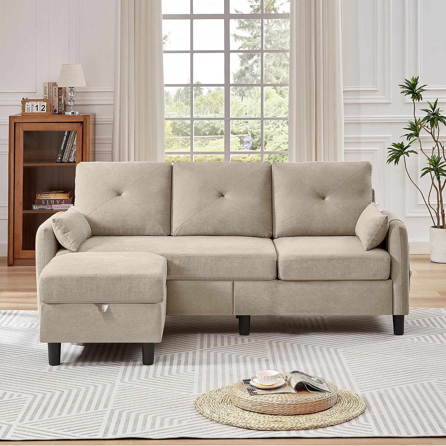 Convertible Sectional Sofa, 77' Small L Shaped 3 Seat Couch with Reversible Storage Chaise, Modern Polyester Fabric Sofa Couches for Living Room, Apartment and Small Space, Beige