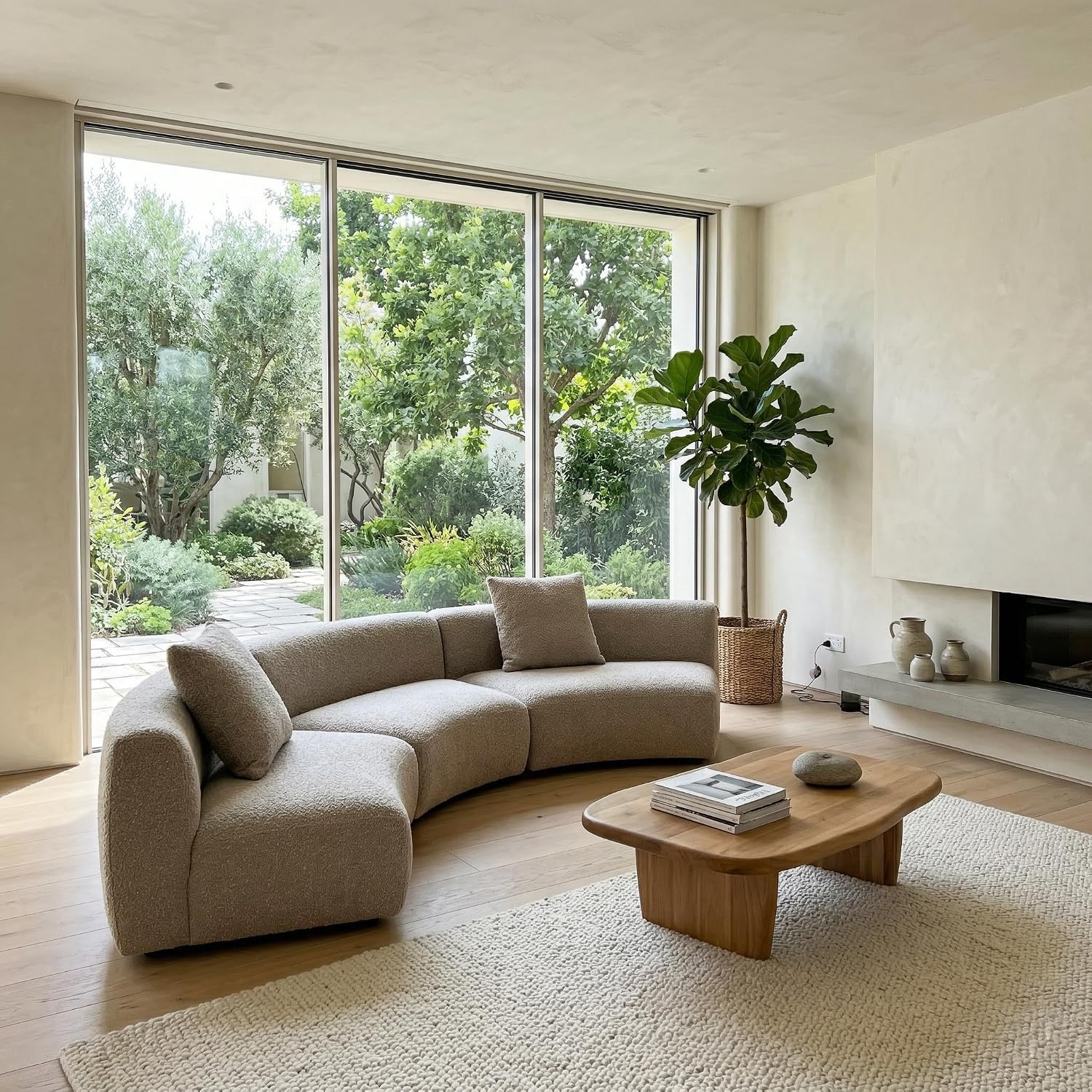 Acanva Modern Curved Sectional Living Room Couch, Minimalist Comfy Boucle Fabric Modular Sofa for Apartment, Home Office, 3-Piece Set (3 x Armless Chair), Light Coffee | Boucle Fabric, Modular, Minimalist, Comfy