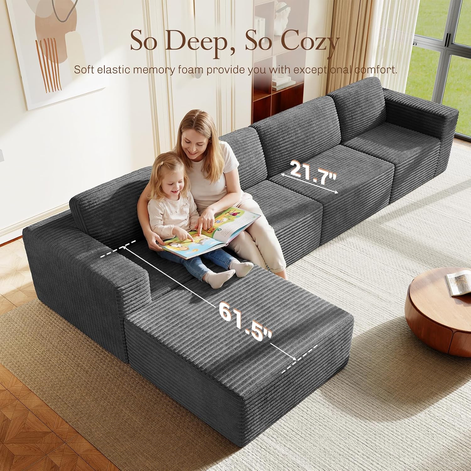 Vesgantti 159' Large Modular Sectional Sofa, L-Shaped Corduroy Cloud Couch with Deep Seats & Spring Support, 4-Seater Boneless Sofa with Movable Ottoman, No Assembly Needed, Grey