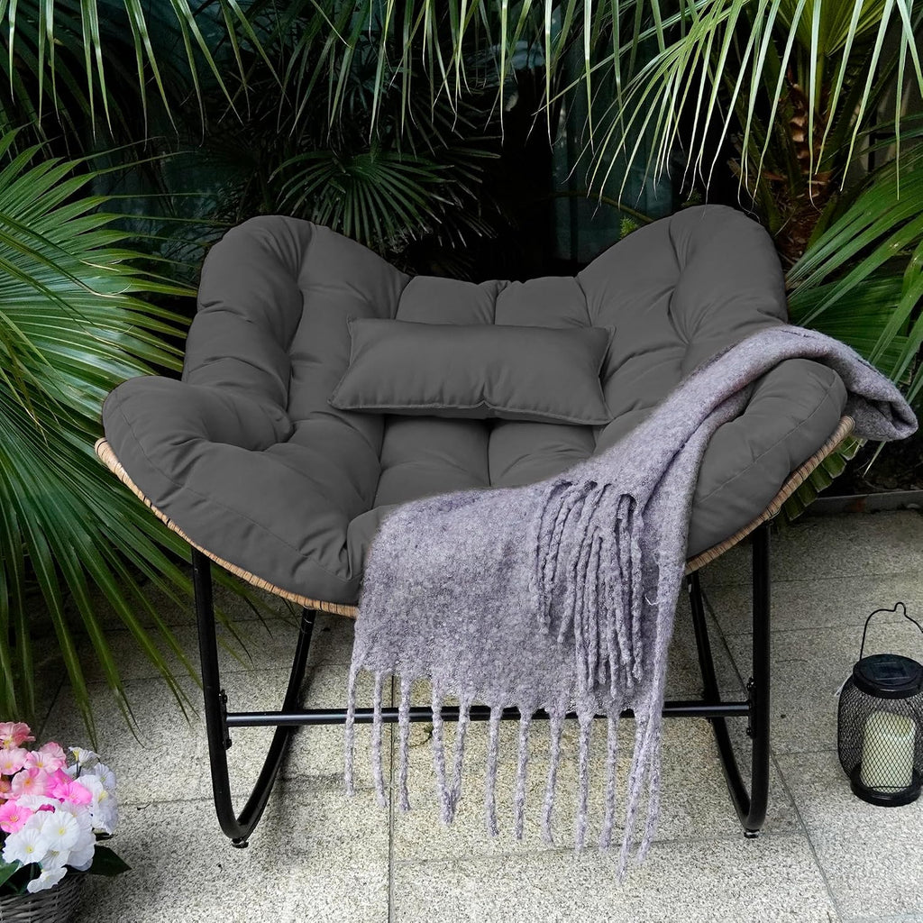 Outdoor Papasan Rocking Chair,Papasan Chairs with Cushion and Frame,Oversized Papasan Rocking Egg Chairs,Rattan Rocking Papasan Chair for Living Room,Outdoor.Gray