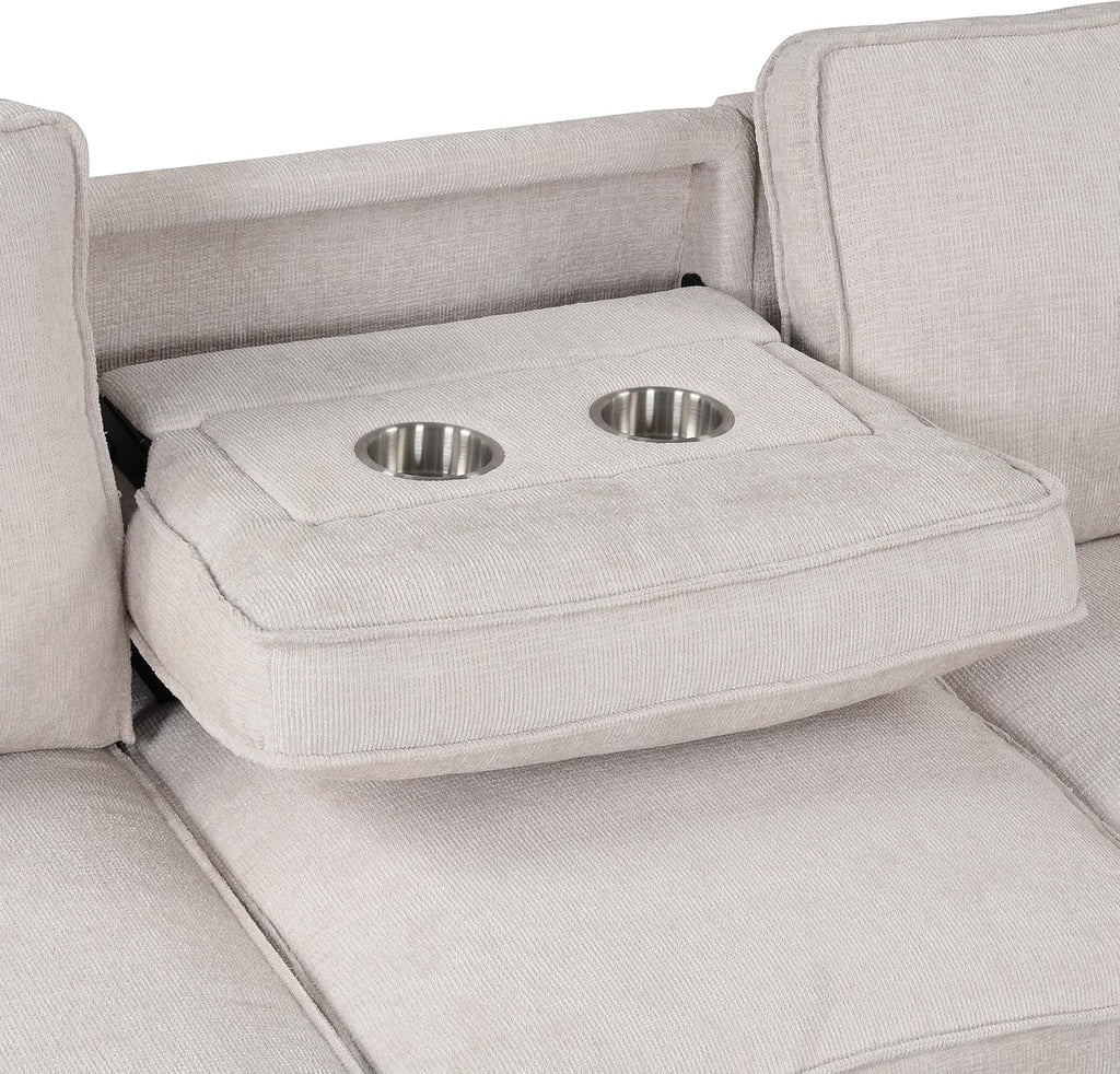 LUMISOL 89' Convertible Sleeper Sofa Bed, Modern L-Shaped Sectional Sofa with Reversible Storage Chaise, Chenille Pull Out Couch with Cup Holders & USB Charging Station for Living Room, Beige
