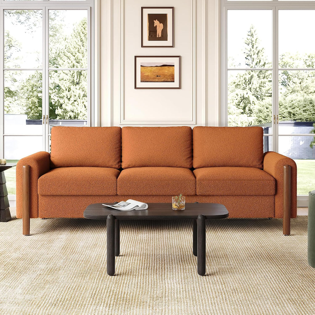 Christopher Knight Home Yadil Teddy Fleece Upholstered 3 Seater Sofa Couch, Wooden Home Sofa Living Room, Comfy Cloud Couch for Bedroom, Home Office, Orange
