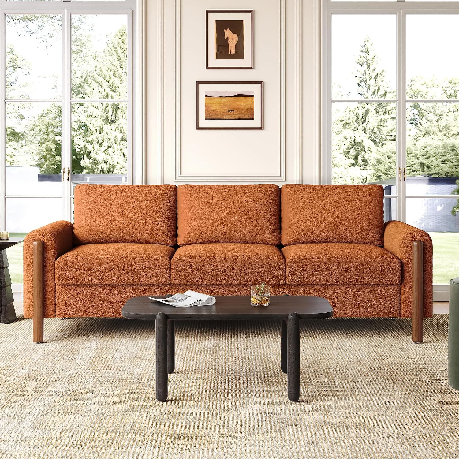 Christopher Knight Home Yadil Teddy Fleece Upholstered 3 Seater Sofa Couch, Wooden Home Sofa Living Room, Comfy Cloud Couch for Bedroom, Home Office, Orange
