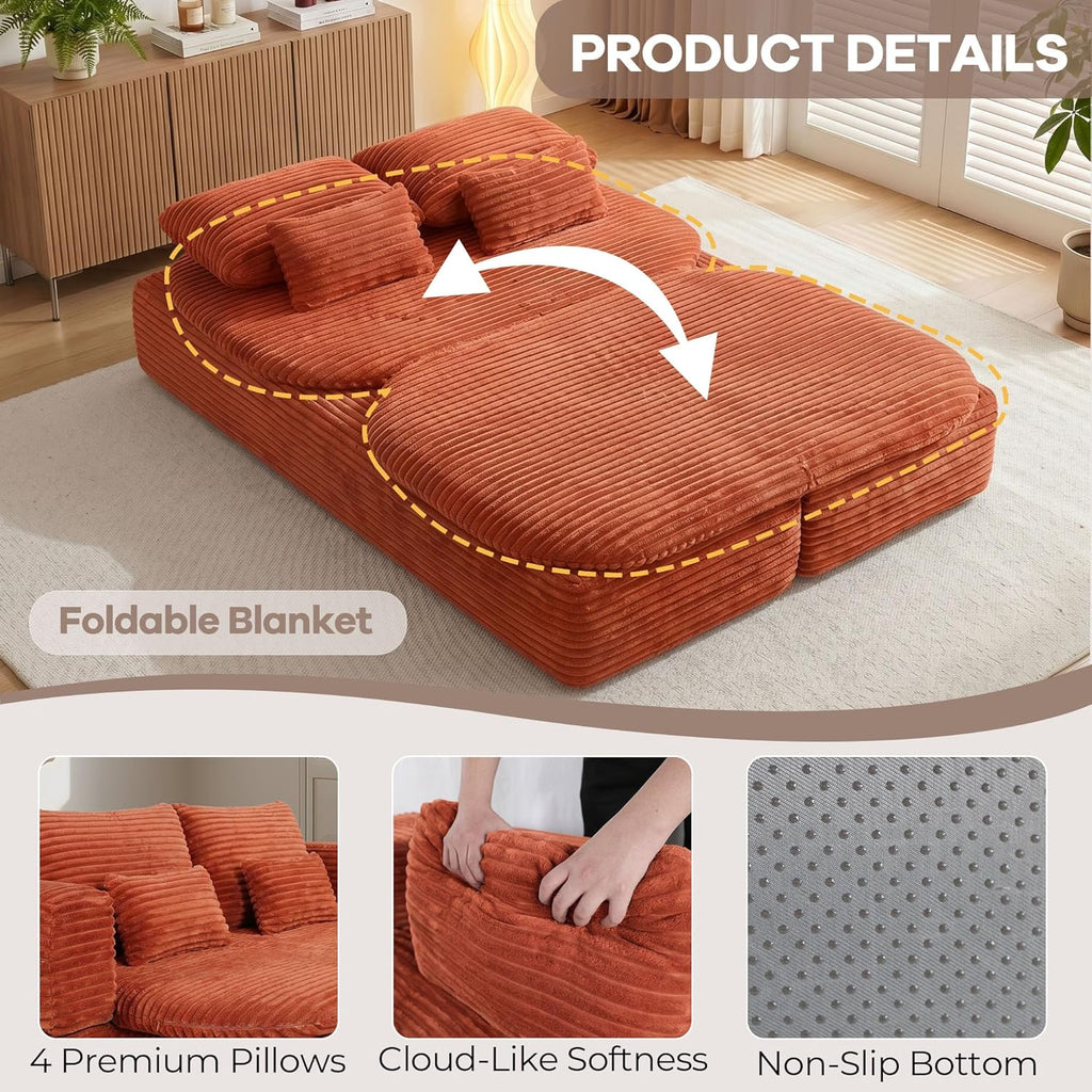 75'' Folding Sleeper Sofa Bed, Convertible Memory Foam Boneless Couch, Foldable Full Size Guest Bed, Modern 2-in-1 Futon Floor Sleeper Sofa with 4 Pillows and Blanket (Corduroy, Orange)