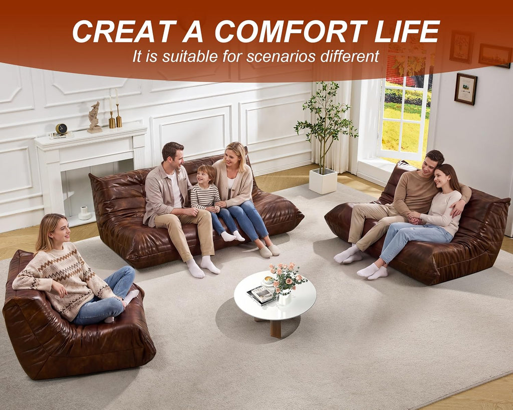 Hobestluk Bean Bag Chair Giant Bean Bag Sofa 2 Seater Bean Bag Chairs for Adults, Loveseat Floor Chair, Leather Bean Bag Chairs for Living Room Bedroom Dorm (Brown, Loveseat)