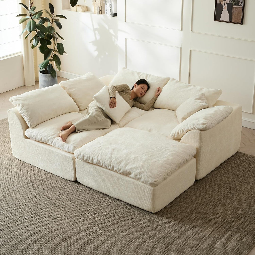 110' Cloud Sectional Couches for Living Room, Convertible L-Shape Boneless Couch with Ottoman, 3 Seater Compressed Sofa Bed Modular Sectional Sofa (Beige)