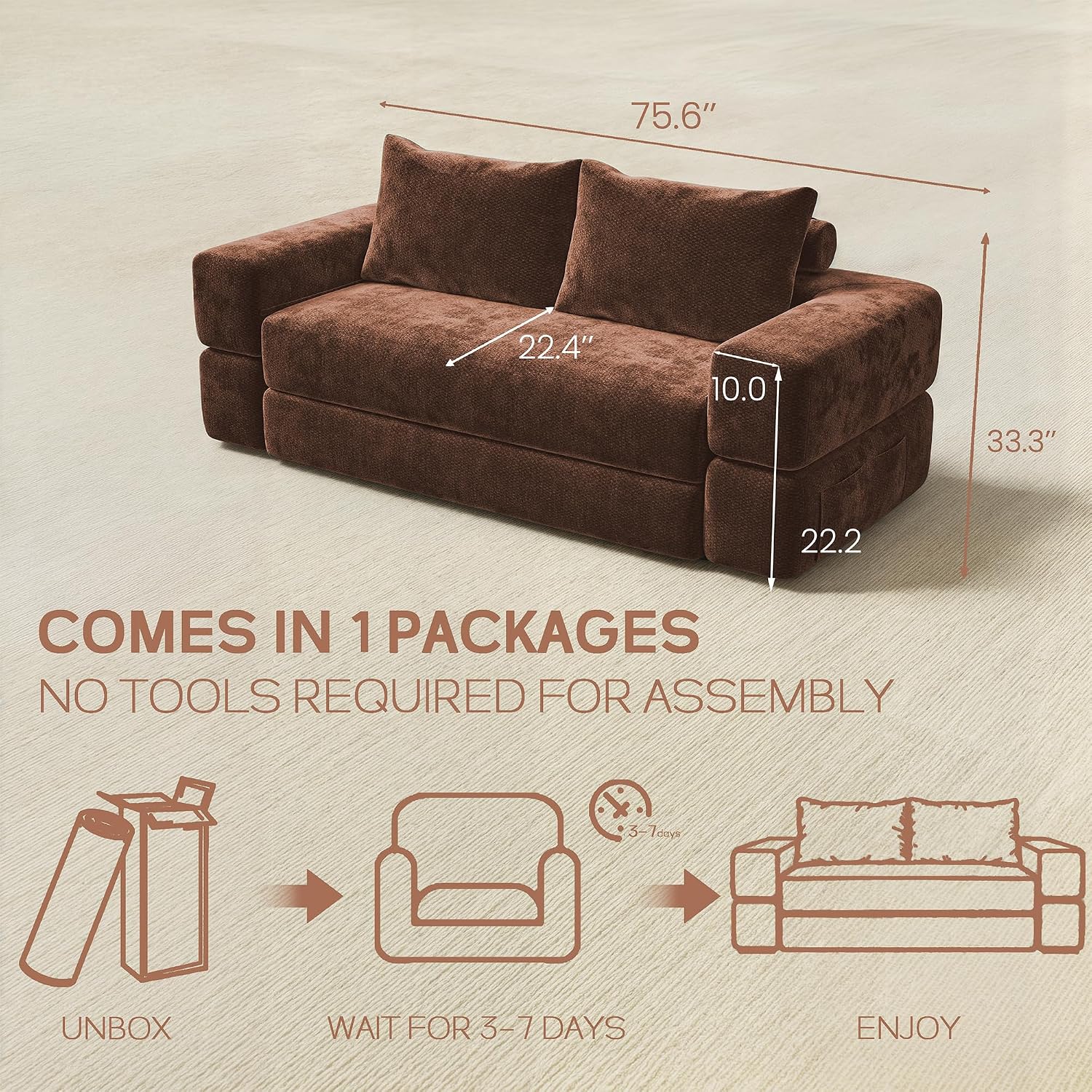 75'' Folding Convertible Sofa Bed with Large Pillow, 4-in-1 Foldable Pull Out Futon Sofa Bed, Chenille Boneless Mattress Couch, No Assembly Floor Sleeper Sofa Bed for Living Room/Bedroom, Caramel