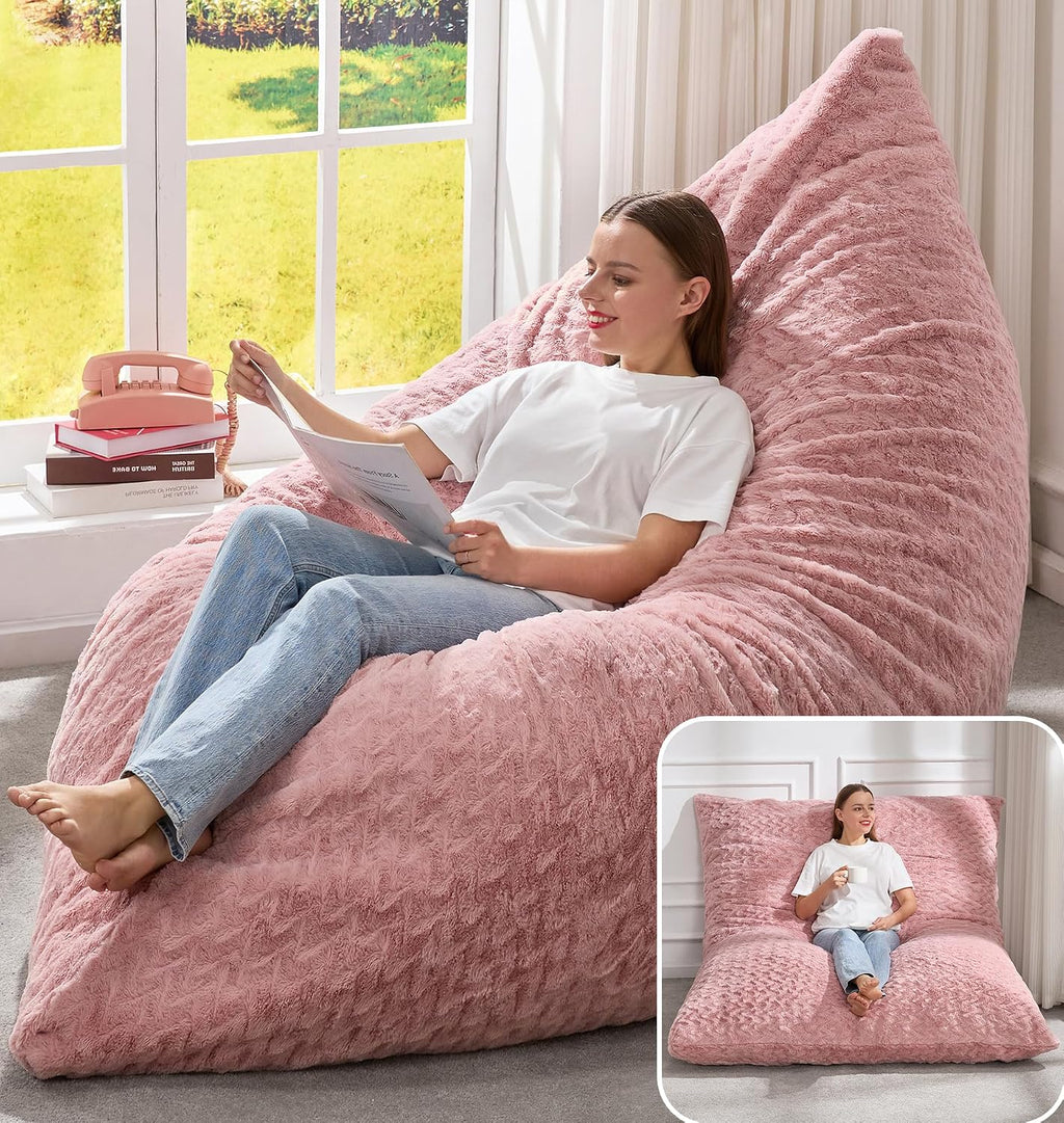 Hobestluk 3 in 1 Bean Bag Chair Giant Bean Bag Chairs for Adults with Chevron Plush Fur Cover Convertible Bean Bag Floor Cushion with Machine Washable Cover for Living Room (Chevron Plush Pink)