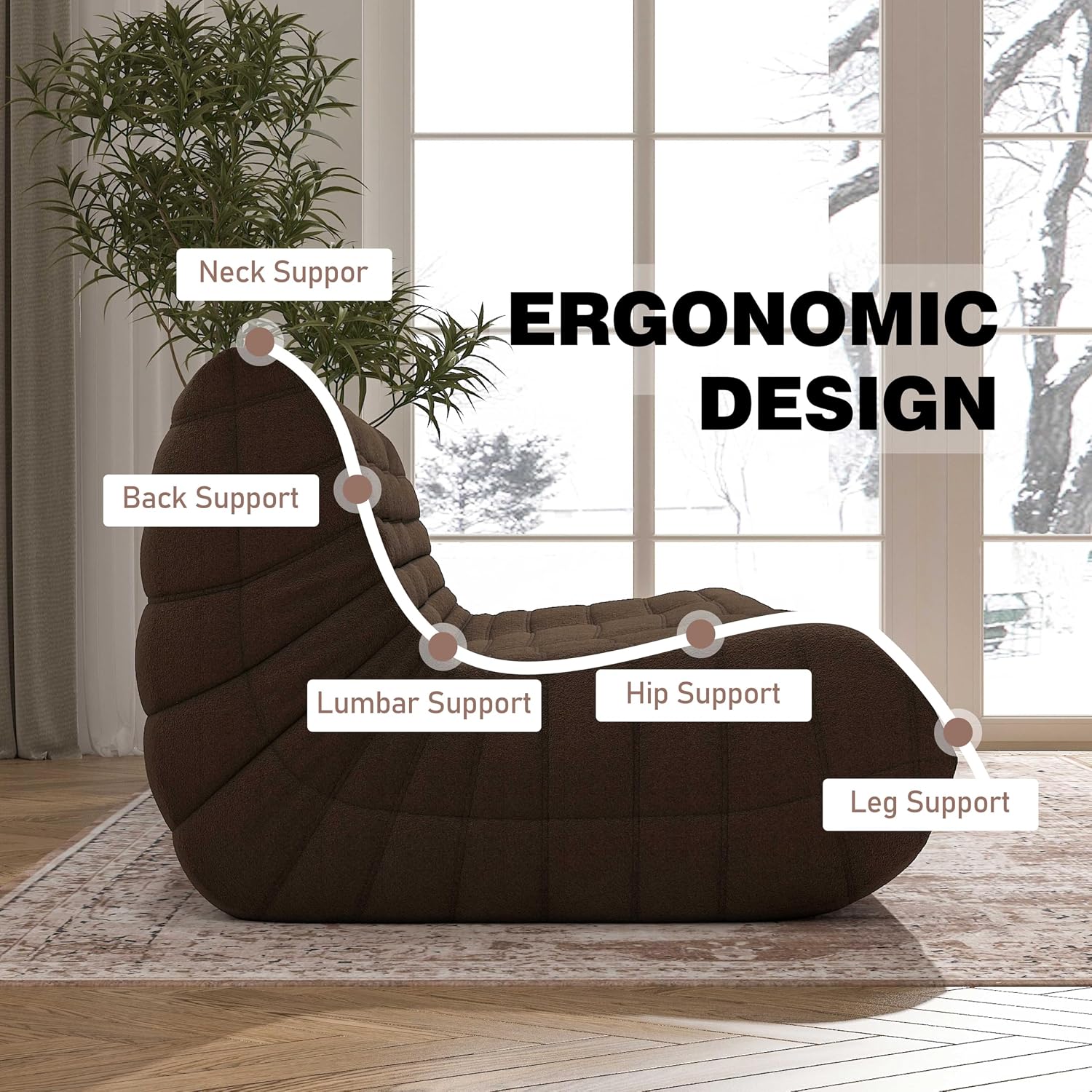 Big Bean Bag Chairs for Adults, 3 Seater Large Bean Bag Chair Sofa, Fireside Chair Lazy Sofa Chair with High Density Comfortable Foam, Modern Bean Bag for Living Room, Bedroom, Office (Coffee)