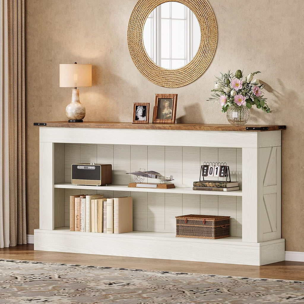 Tribesigns 63-Inch Long Console Table for Entryway, Narrow Long Entry Table with Shelves for Living Room, Farmhouse Sofa Console Behind Couch, for Foyer, Hallway, White and Brown