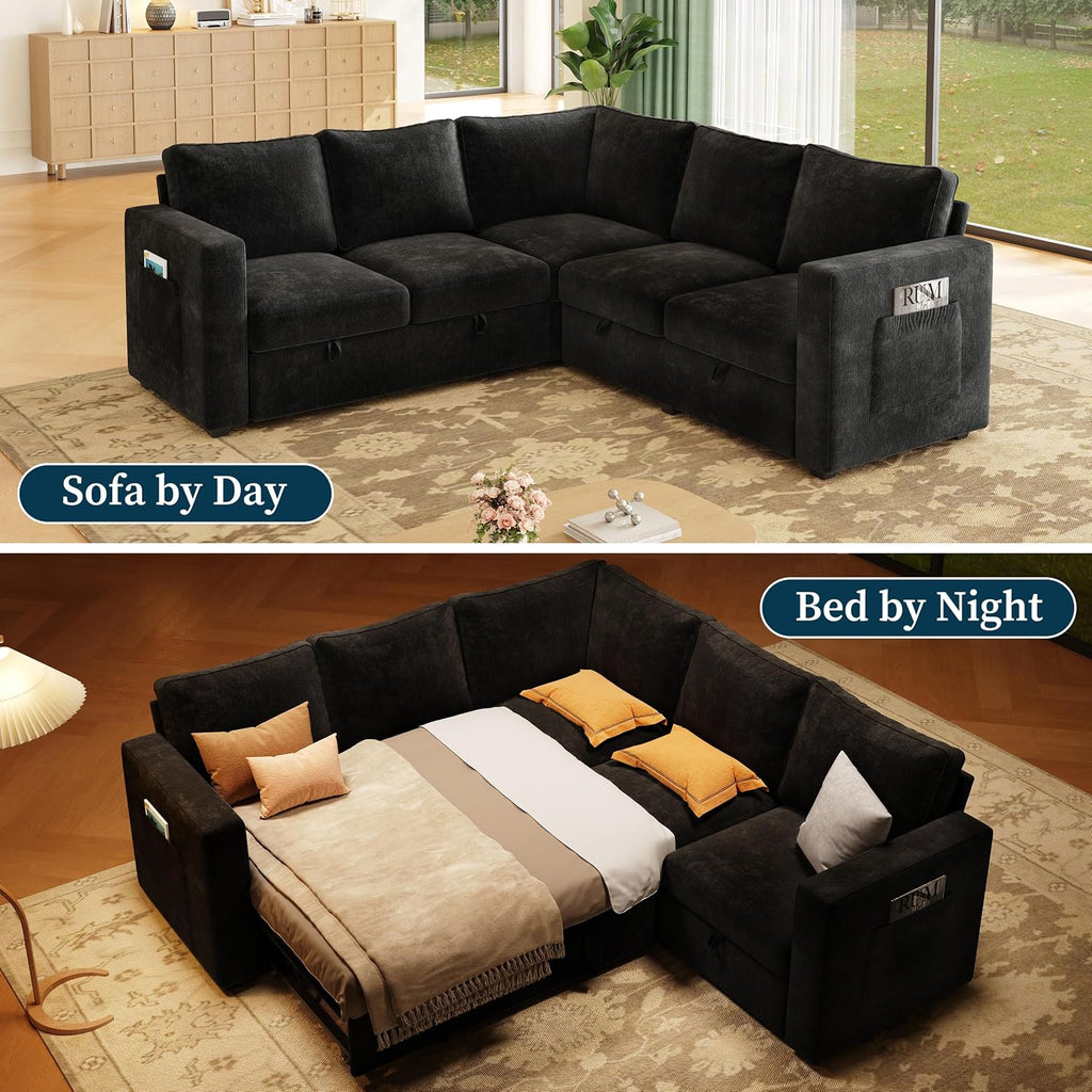 83.5' Sectional Sleeper Sofa with Pull Out Couch, Modern 5 Seat L Shaped Modular Couch, Sectionals Modular Sofa with Storage, Comfy Sectional Couches for Living Room & Apartment, Black