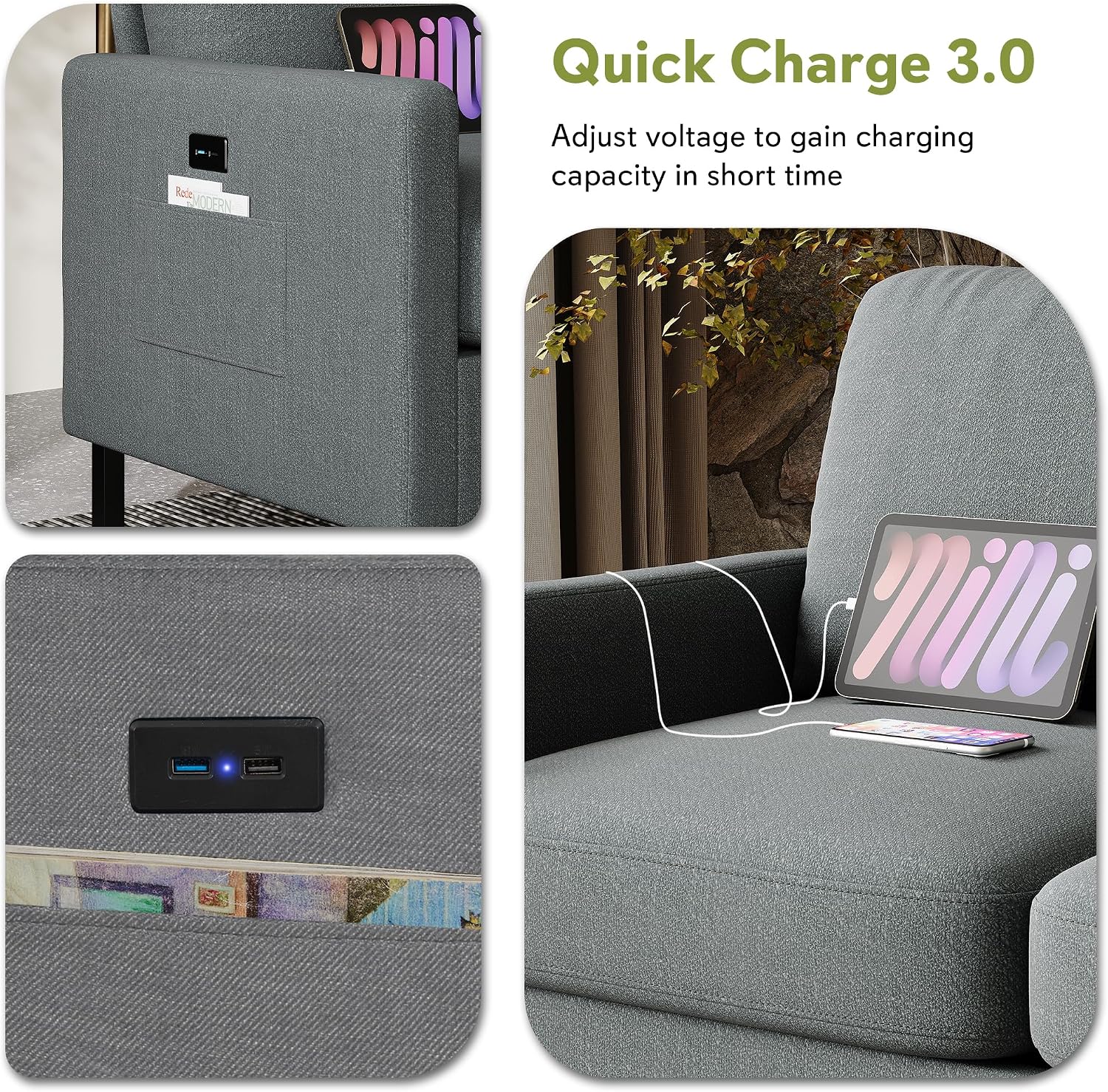 STHOUYN 72' W 3 Seater Couch with 2 USB, Comfy Grey Couch with 2 Pockets, Living Room Sofas with Reinforced Steel Frame, Cheap Sofas for Small Spaces, Dorm, Bedroom
