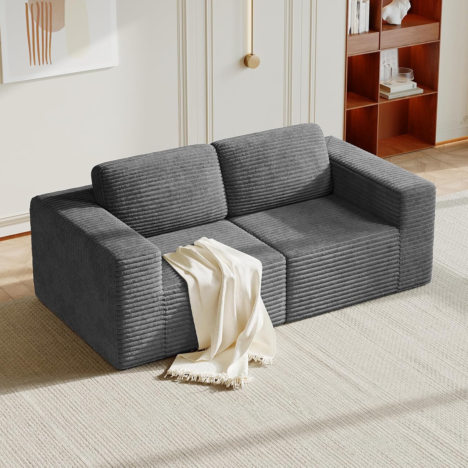 Vesgantti 80' Modular Sectional Sofa, Corduroy Cloud Couch with Deep Seating & Spring Support, 2 Seater Compact Modular Couch, Boneless Sectional Sofa for Small Spaces, No Assembly Required, Grey