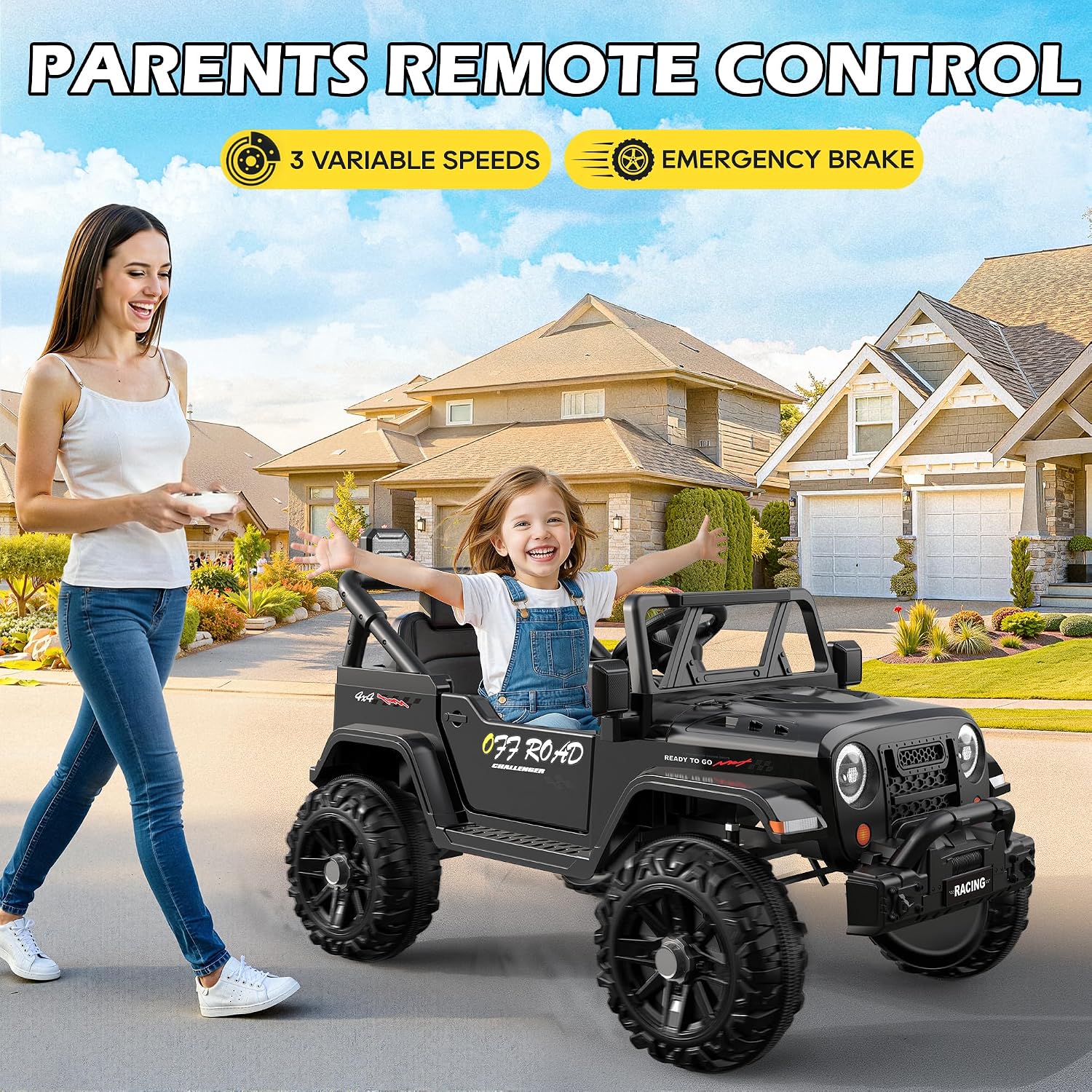 ARBELI 12V Ride On Truck Car with Remote Control, Kids Electric Vehicles with Bluetooth Music, Horn, 3 Speeds, 4 LED Lights, Soft Start, Ride on Toys for Toddler Boys & Girls (Black)
