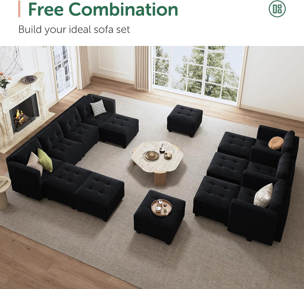 HONBAY Sectional Couch with Storage, Modular Sectional Sofa, Velvet Couches for Living Room, Black