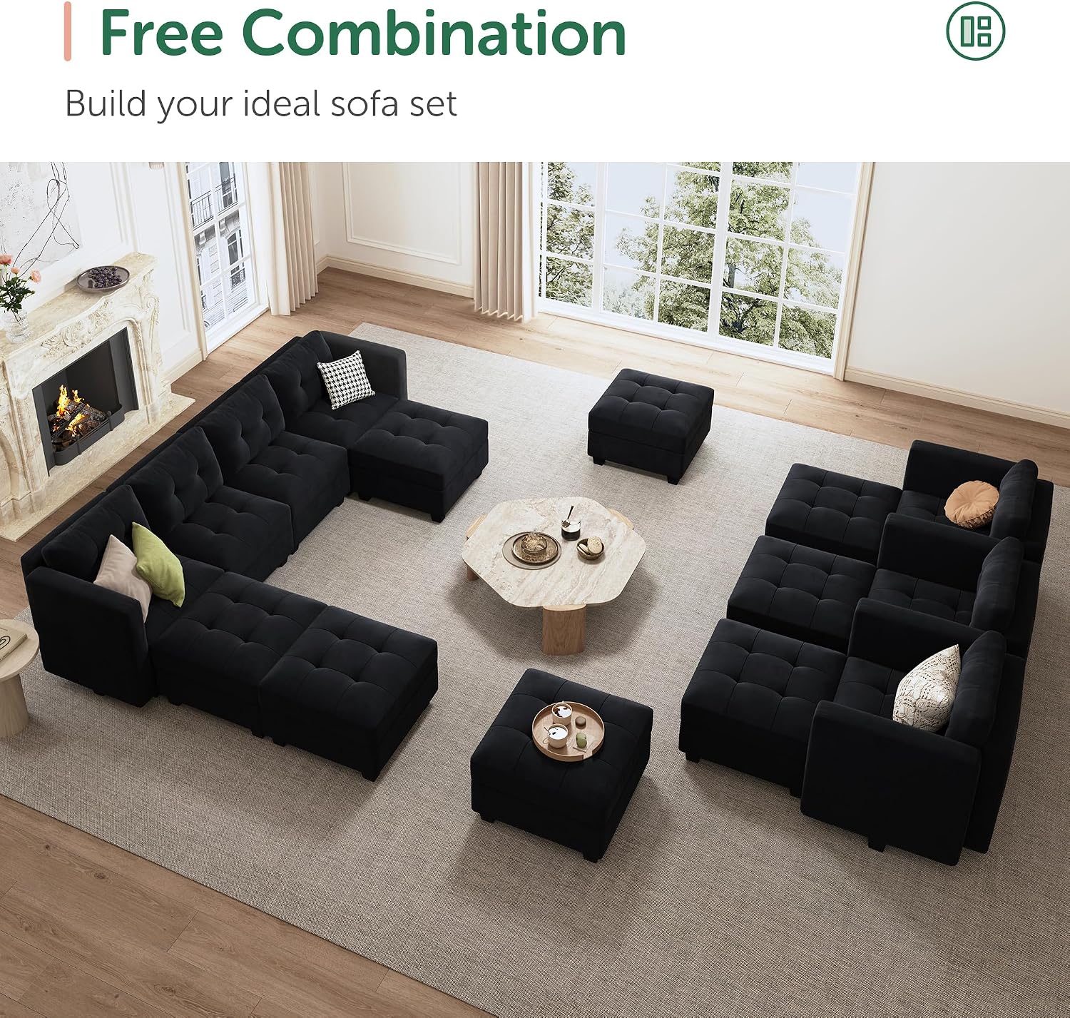 HONBAY Sectional Couch with Storage, Modular Sectional Sofa, Velvet Couches for Living Room, Black