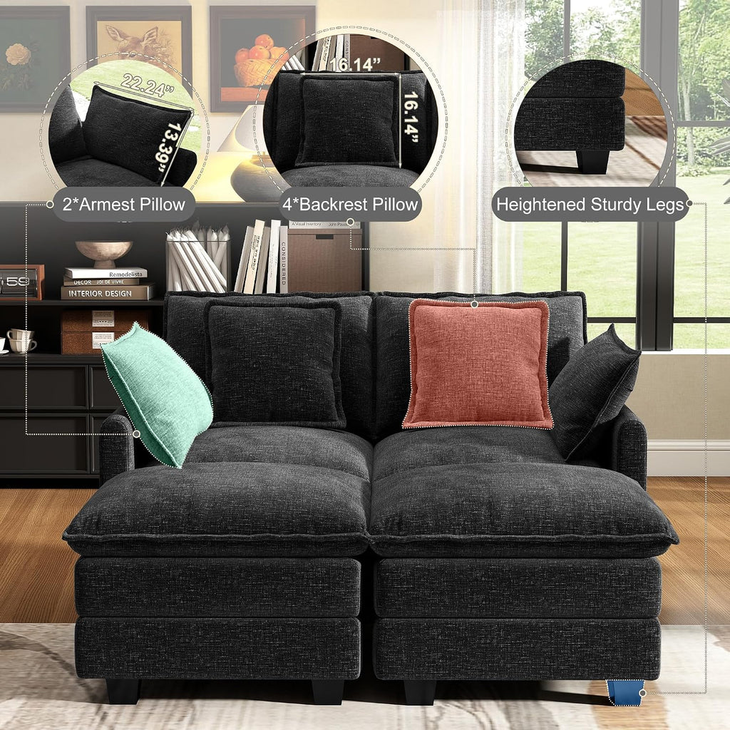 58' Cloud Couch Loveseat, Deep Seat Modular Sectional Sofa with 4 Removable Washable Pillows and 2 Ottoman for Living Room, Bedroom, Apartment, Black