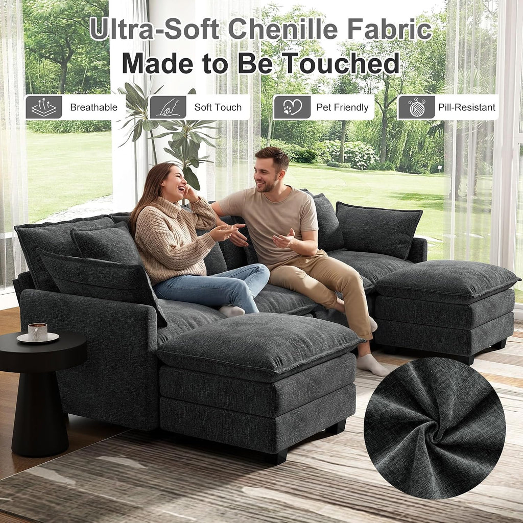 107' Cloud Couch Sectional, U Shaped Modular Sectional Sofa, 4-Seat Deep Seat Couch with 6 Removable Washable Pillows and 2 Ottoman for Living Room, Bedroom, Apartment, Black Grey